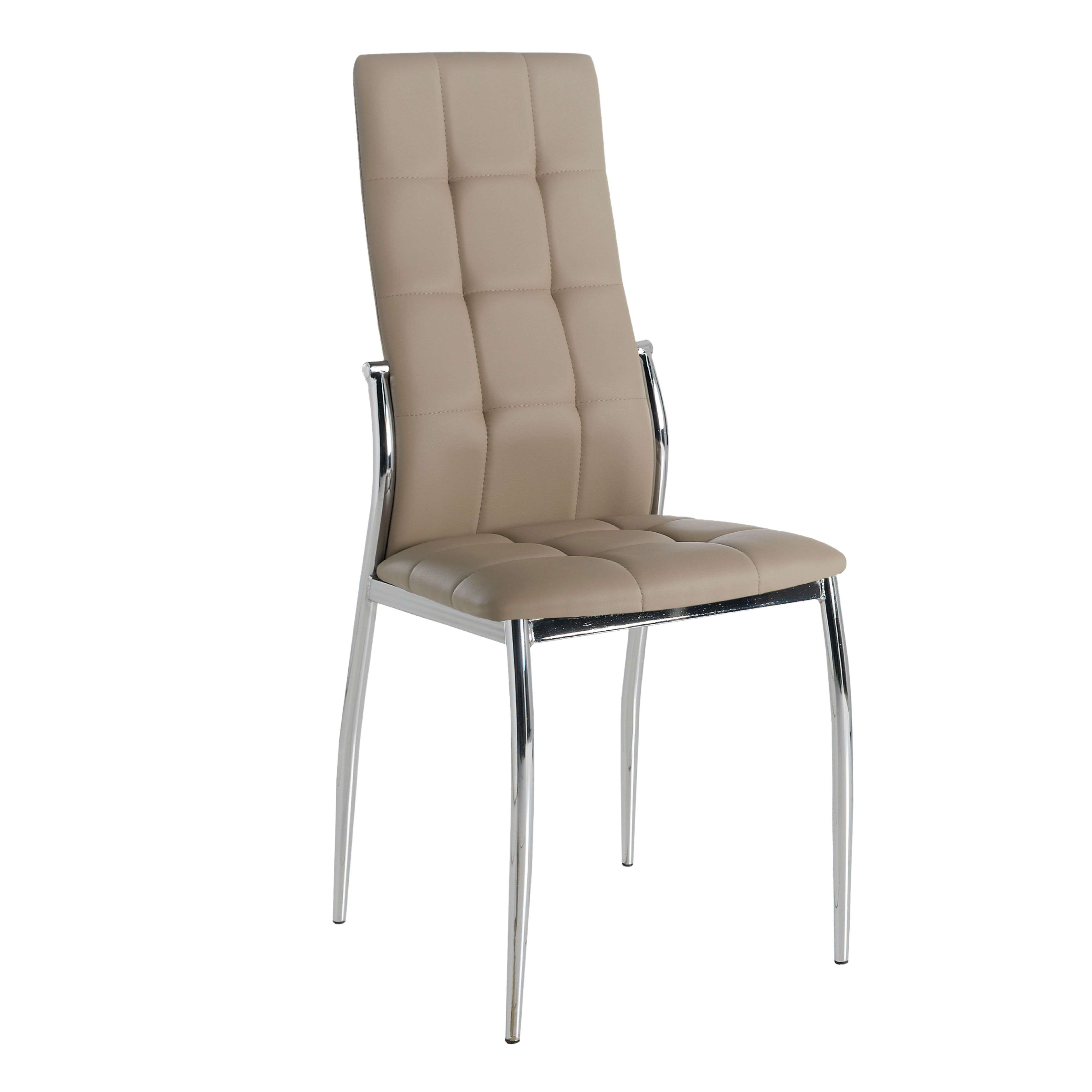 Un respaldo y asiento de silla beige acolchado con patas cromadas brillantes.