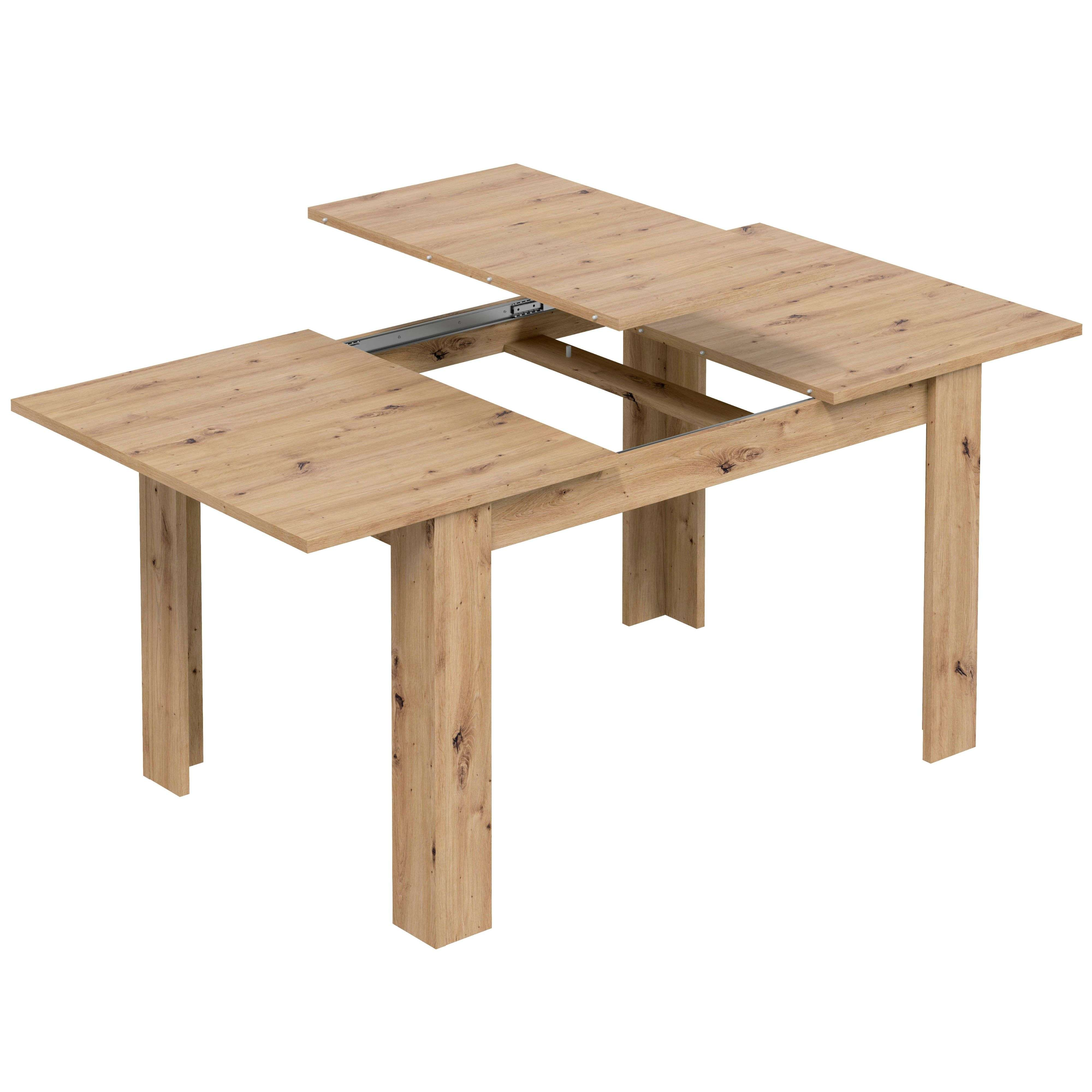 Mesa extensible de madera con dos extensiones extraíbles en el centro.