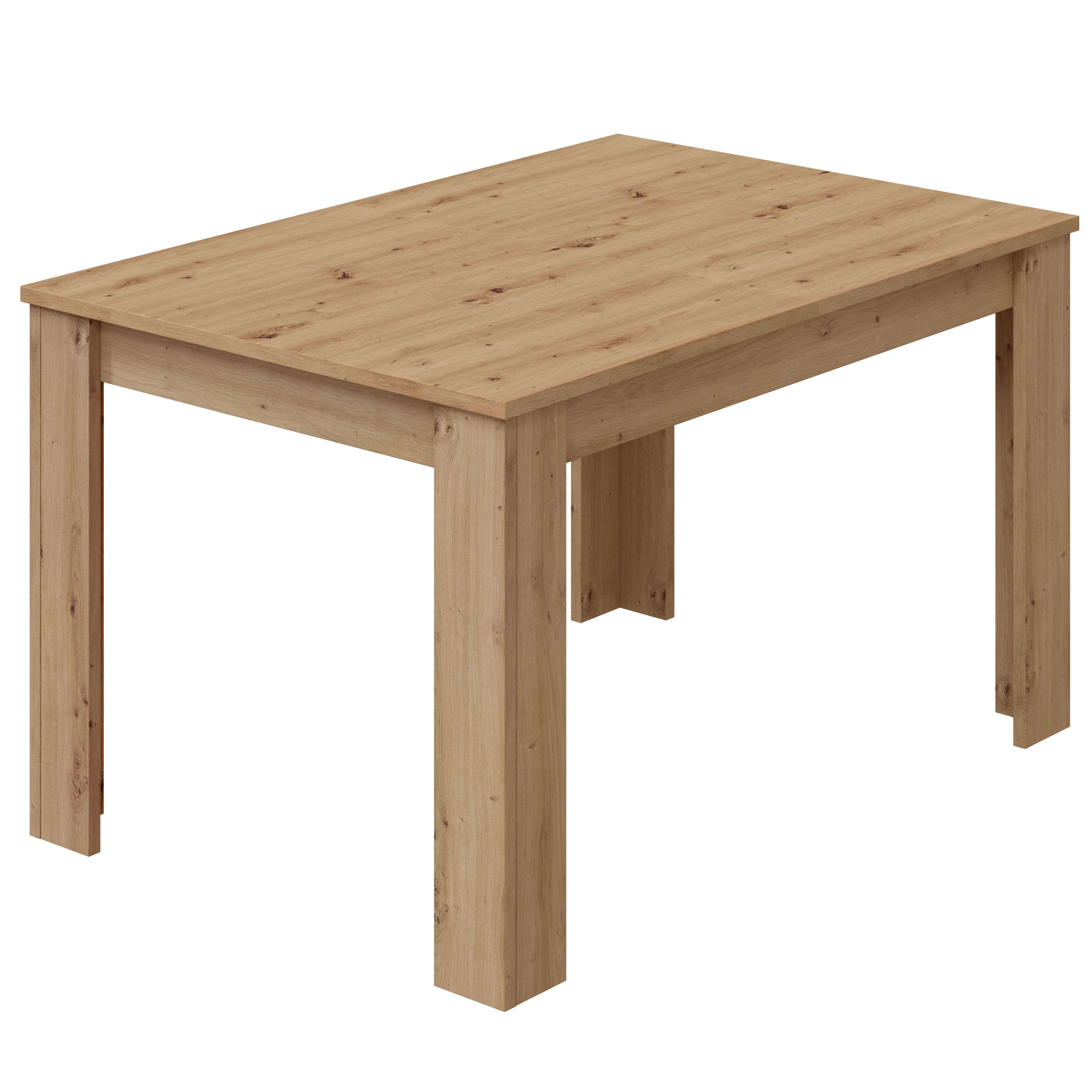 Una mesa de madera clara con cuatro patas sobre fondo blanco.