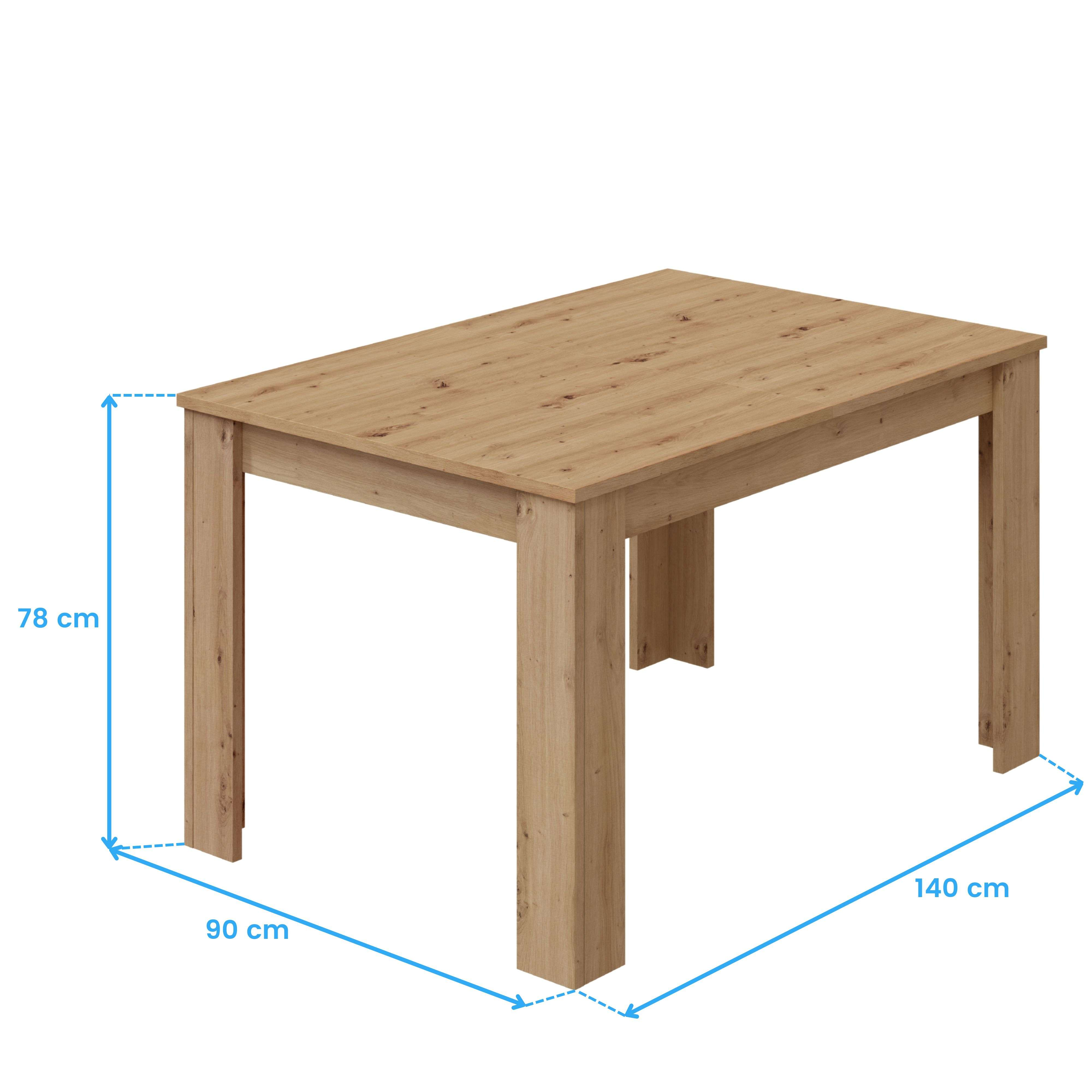 Una mesa de madera de 140x90x78 cm, sobre fondo blanco.