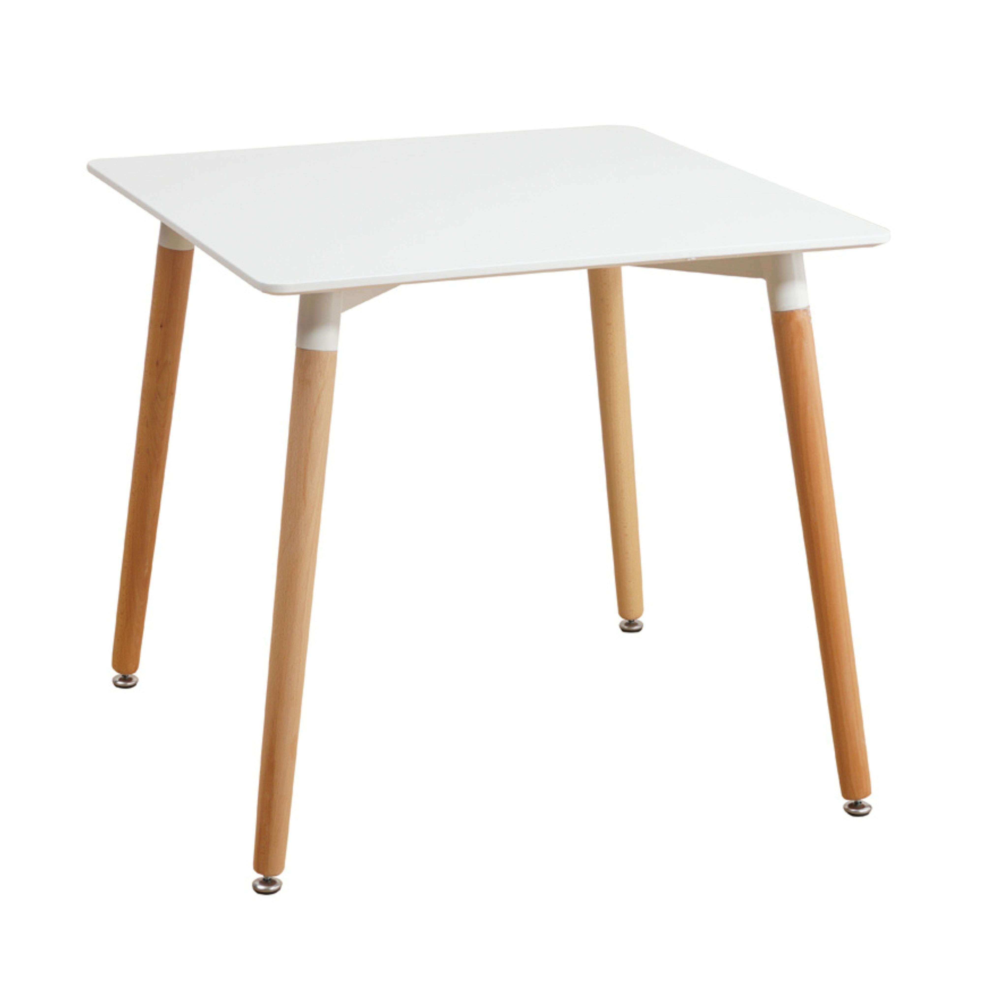 Una mesa blanca con cuatro patas de madera, esquinas redondeadas y pies metálicos.