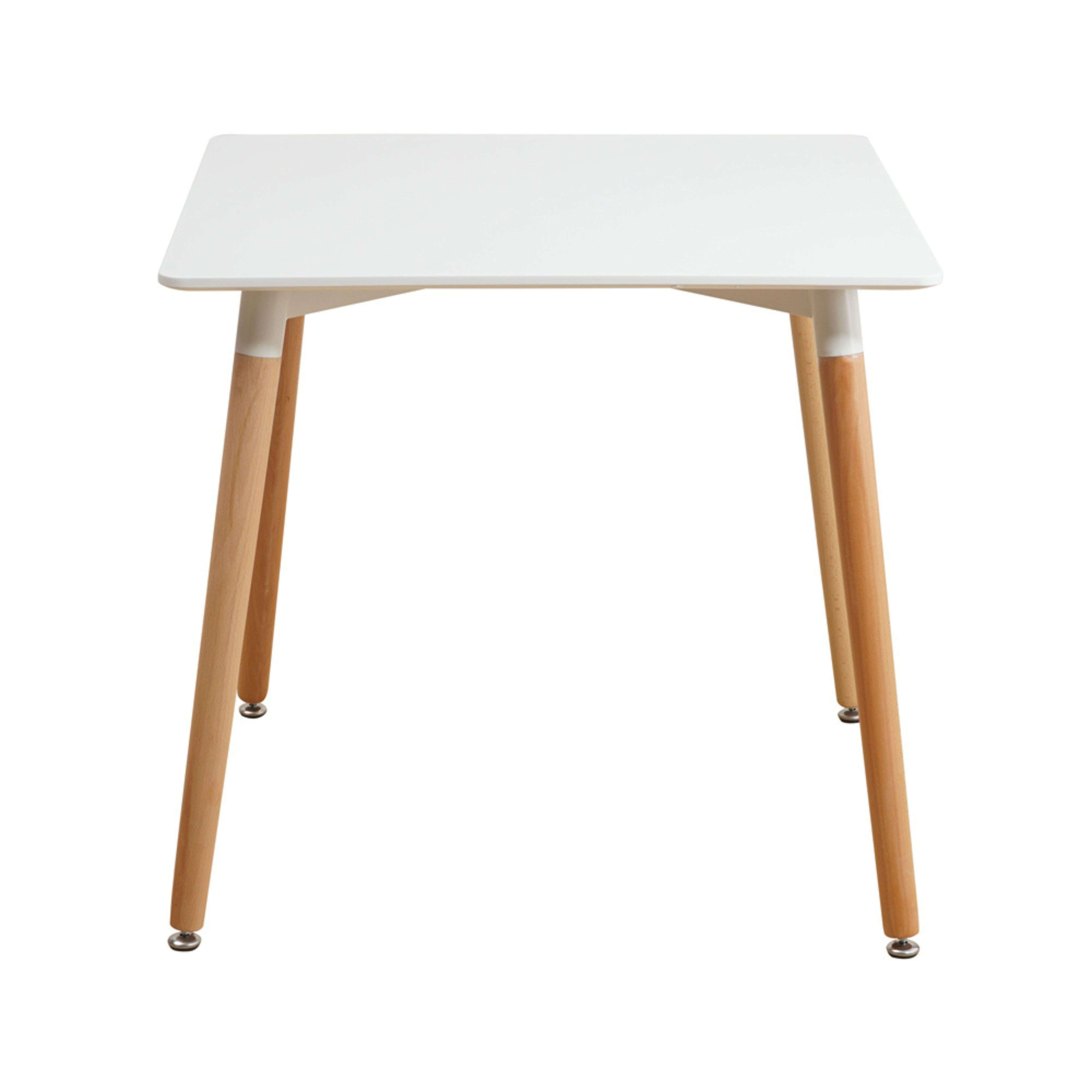 Una mesa blanca con cuatro patas de madera sobre fondo blanco.