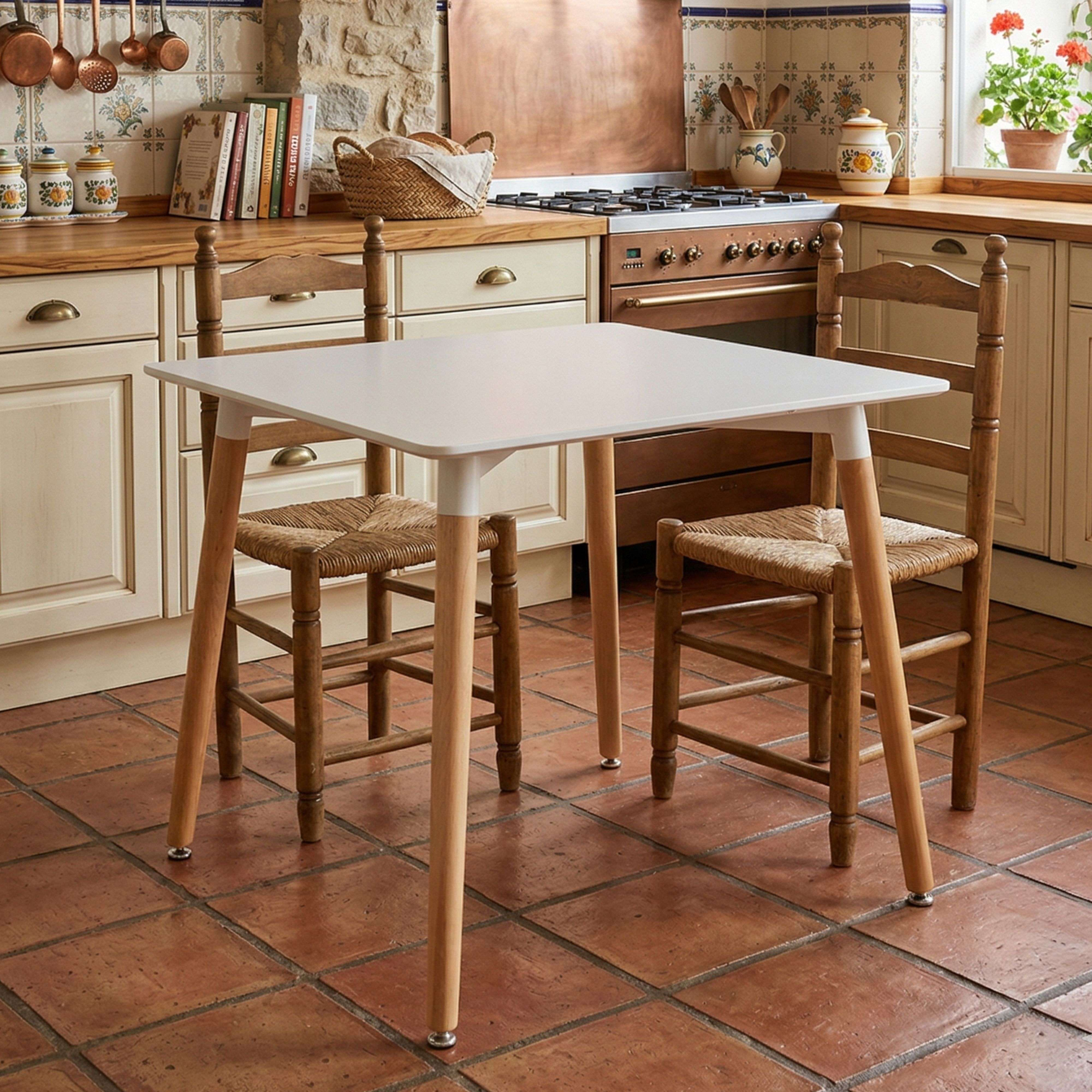 Una mesa blanca con patas de madera y dos sillas de madera con asientos tejidos.