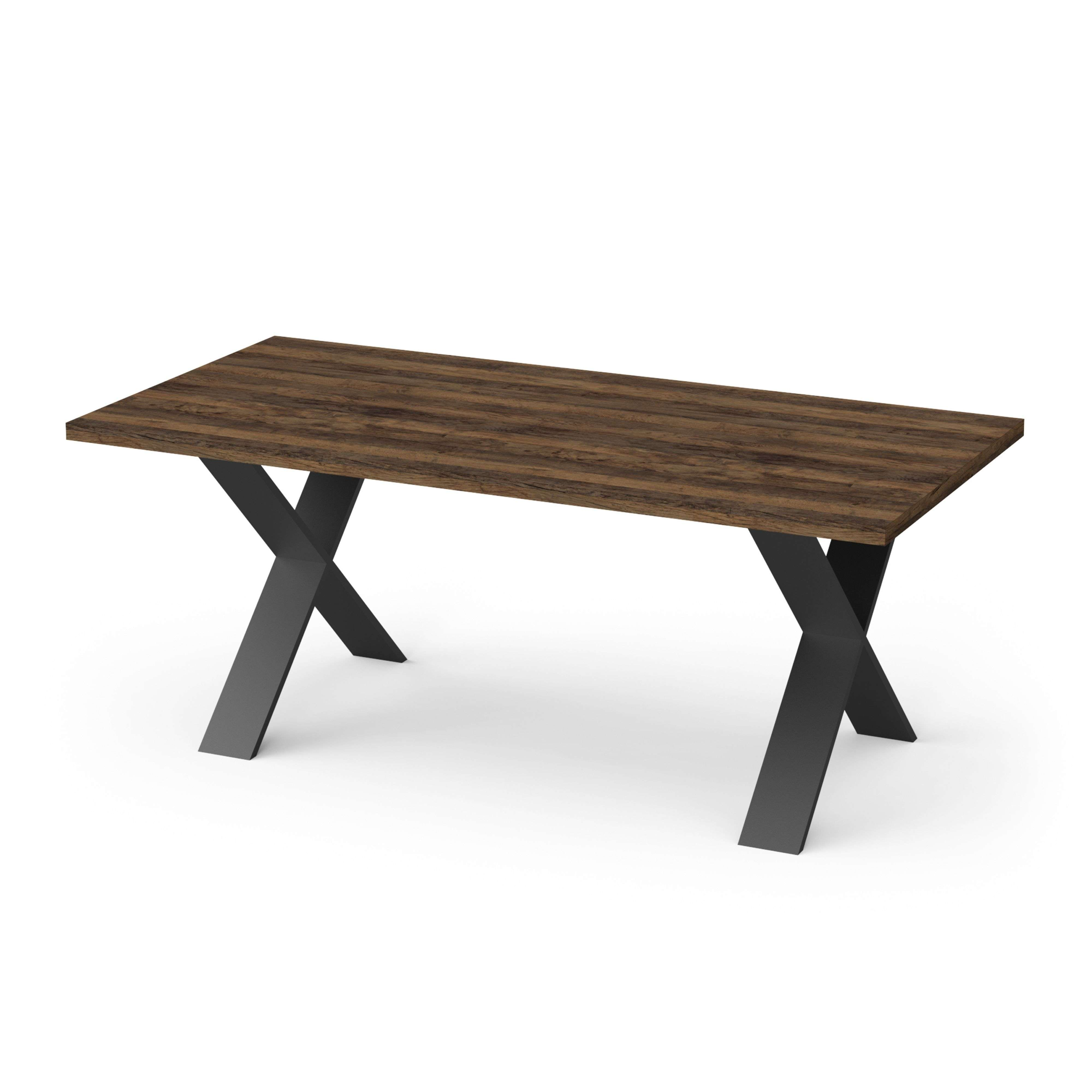 Mesa de madera con patas en forma de X sobre fondo blanco.