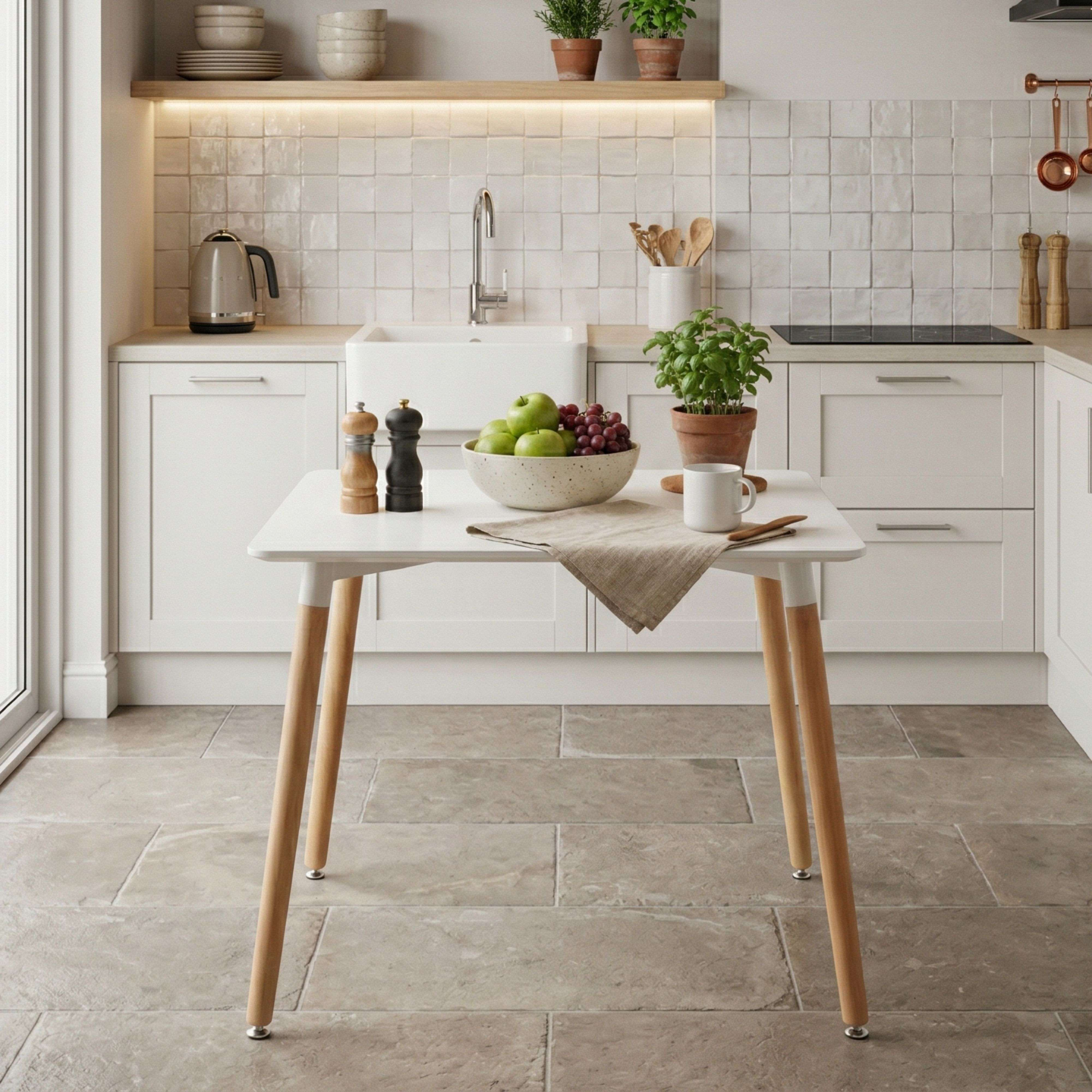 Una mesa blanca con frutero sobre suelo de piedra en cocina luminosa.