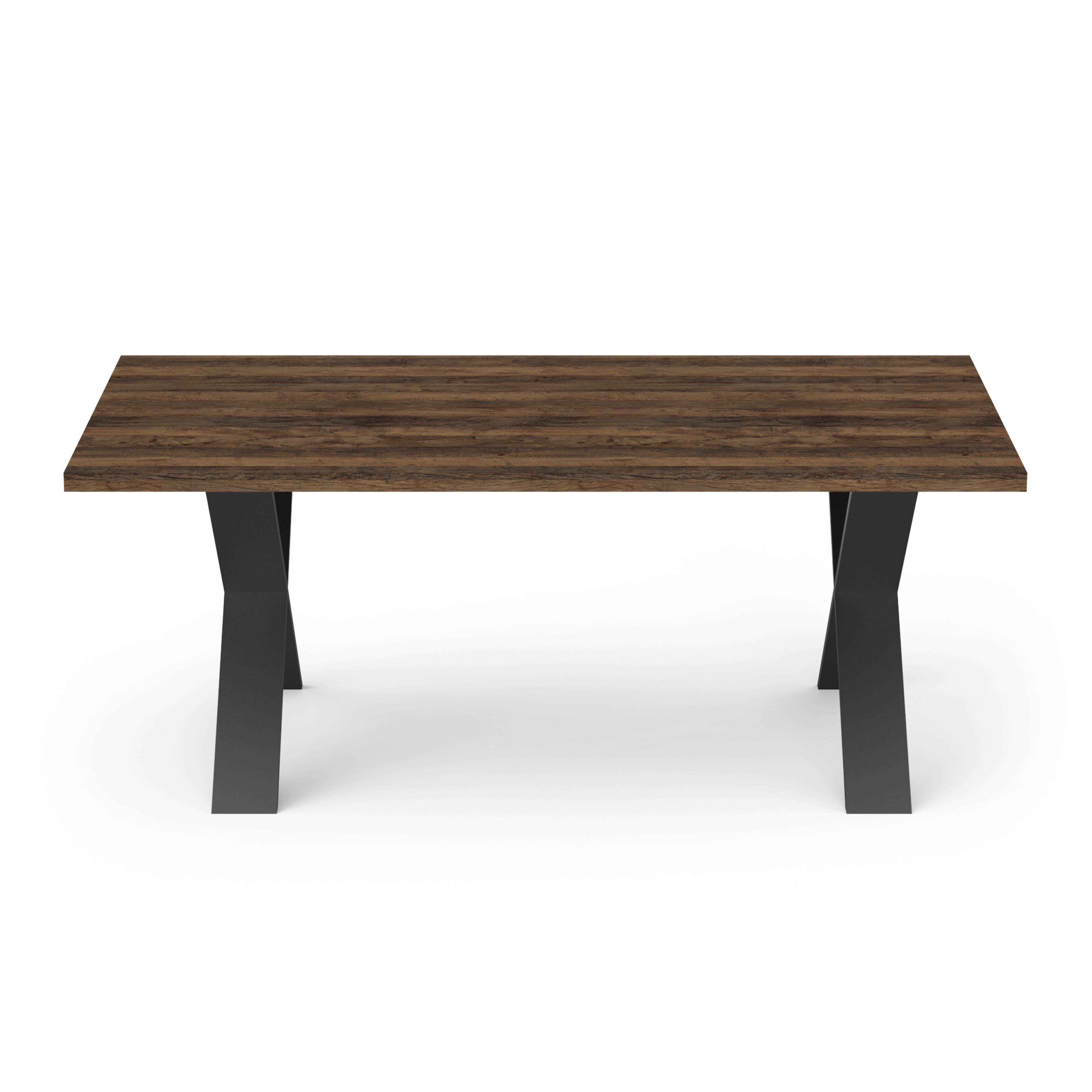 Una mesa de madera con tapa de madera oscura y patas negras en forma de X.