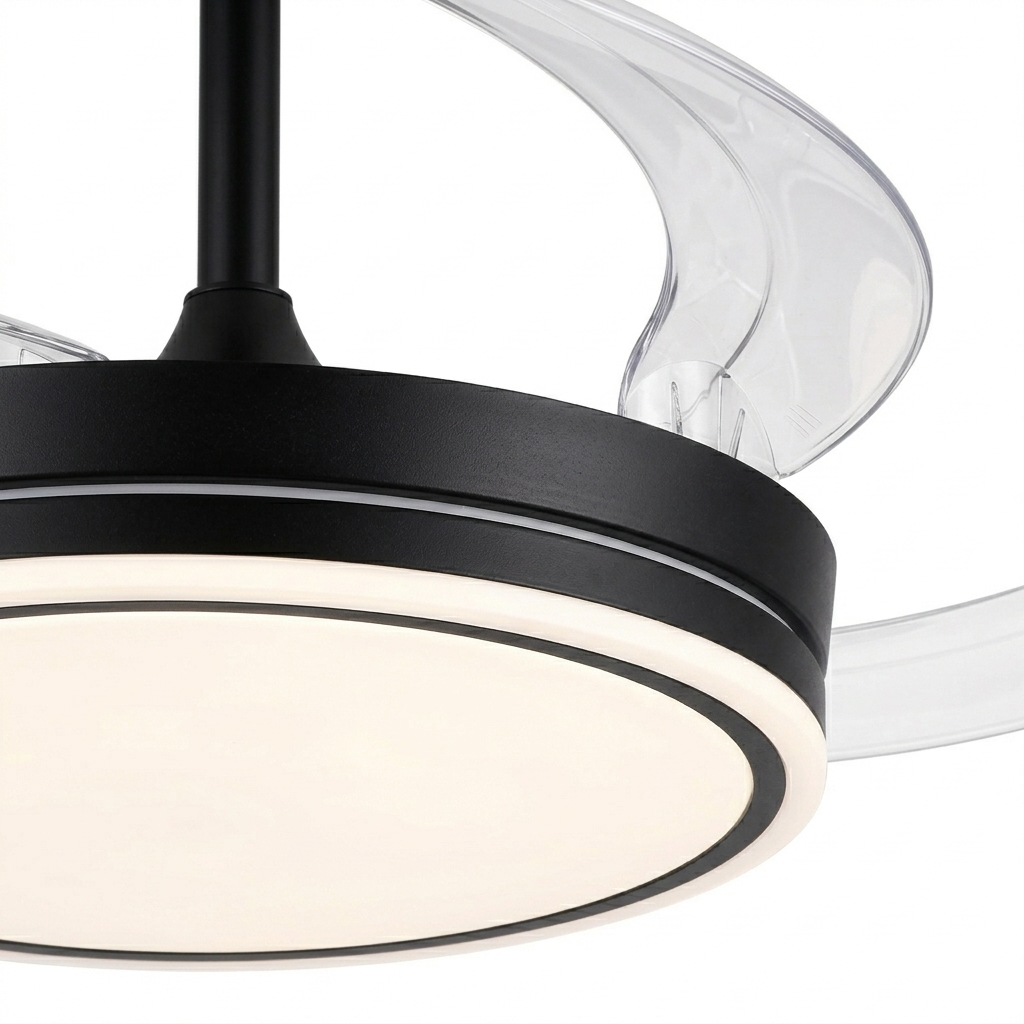 Un ventilador de techo negro moderno con aspas transparentes retráctiles y luz LED.