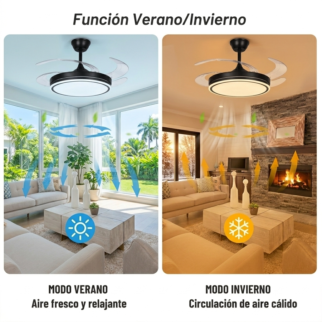 Ventilador de techo en modo verano e invierno, con flechas que muestran la circulación del aire.