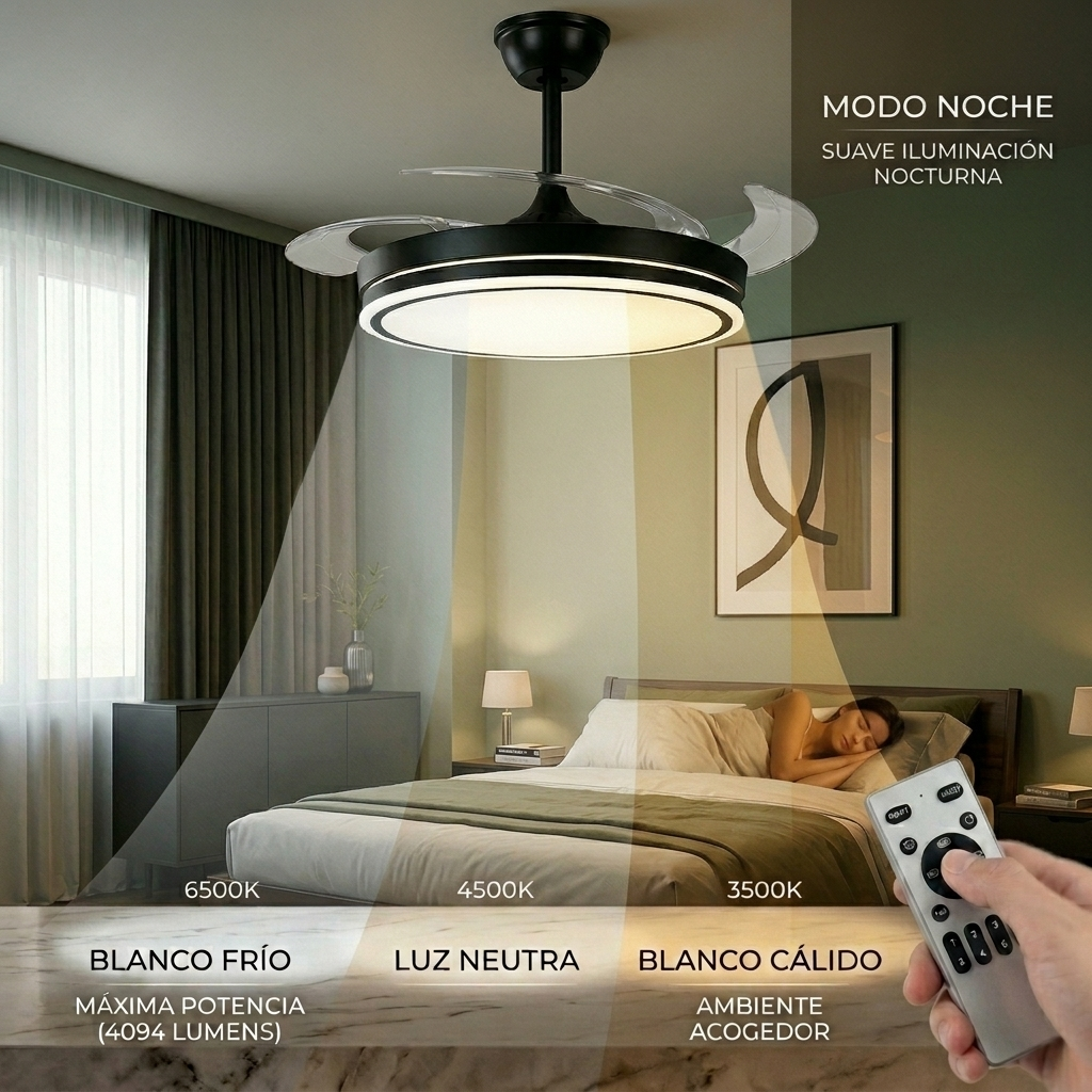 Dormitorio con ventilador de techo con luz, mostrando diferentes temperaturas de color.