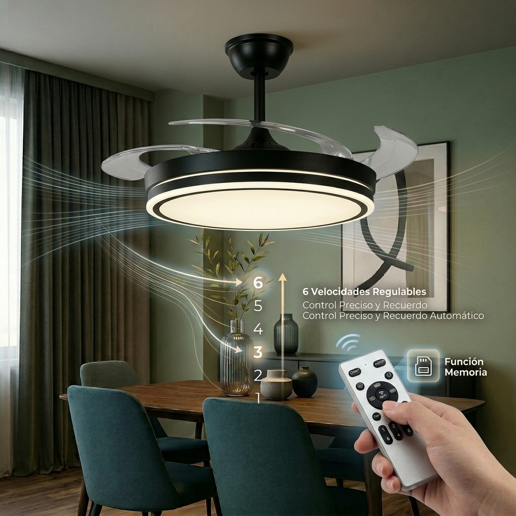 Ventilador de techo negro con luz y mando a distancia sobre mesa de comedor.