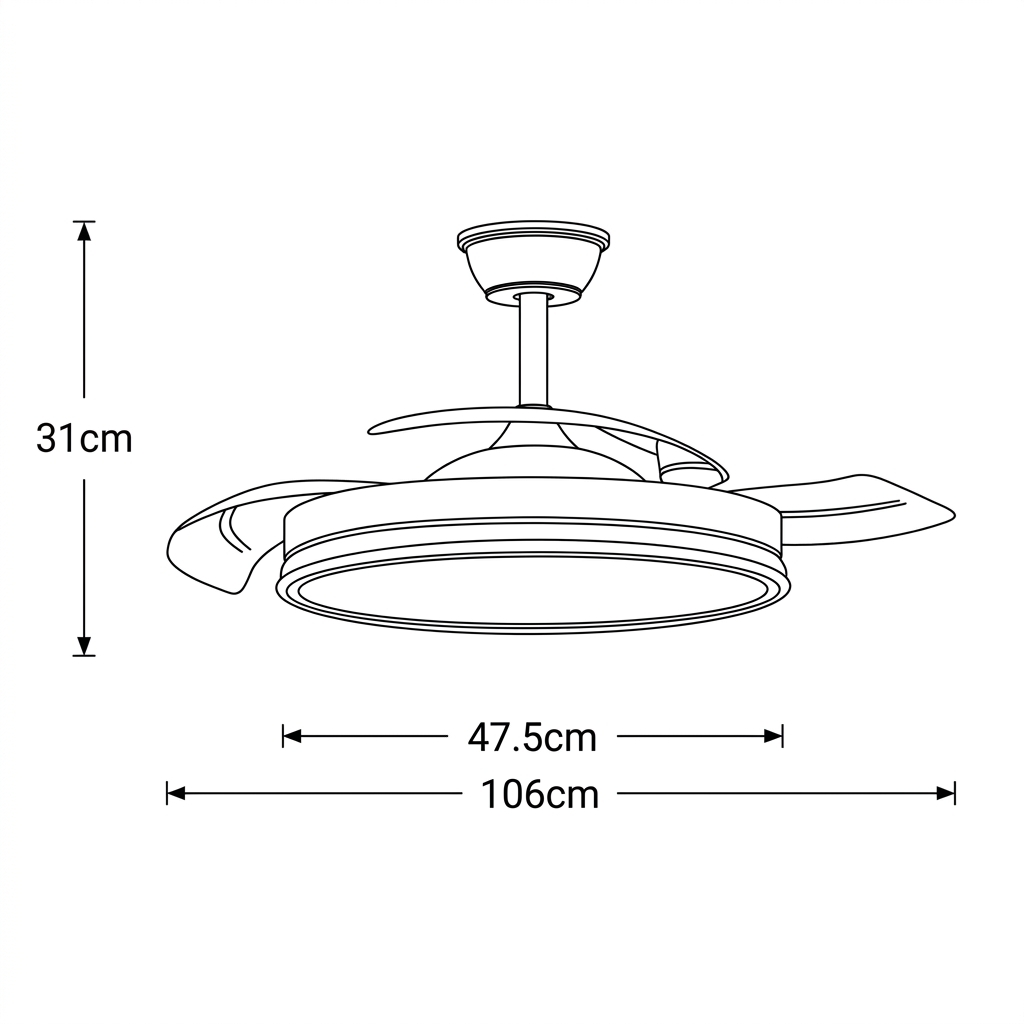 Ventilador de techo con luz. Altura 31cm, diámetro 47.5cm/106cm.