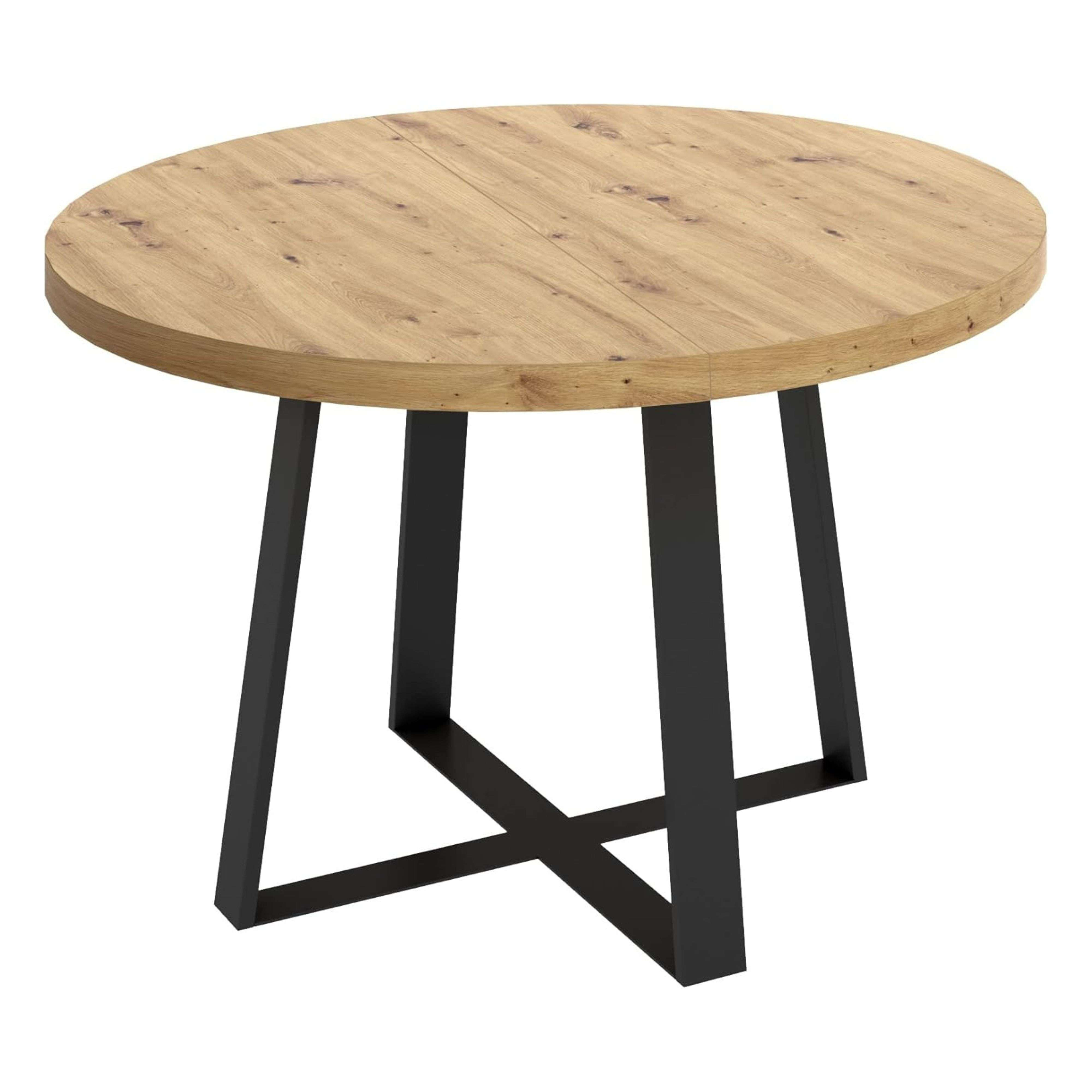 Mesa redonda de madera con patas de metal negro y travesaño en X.