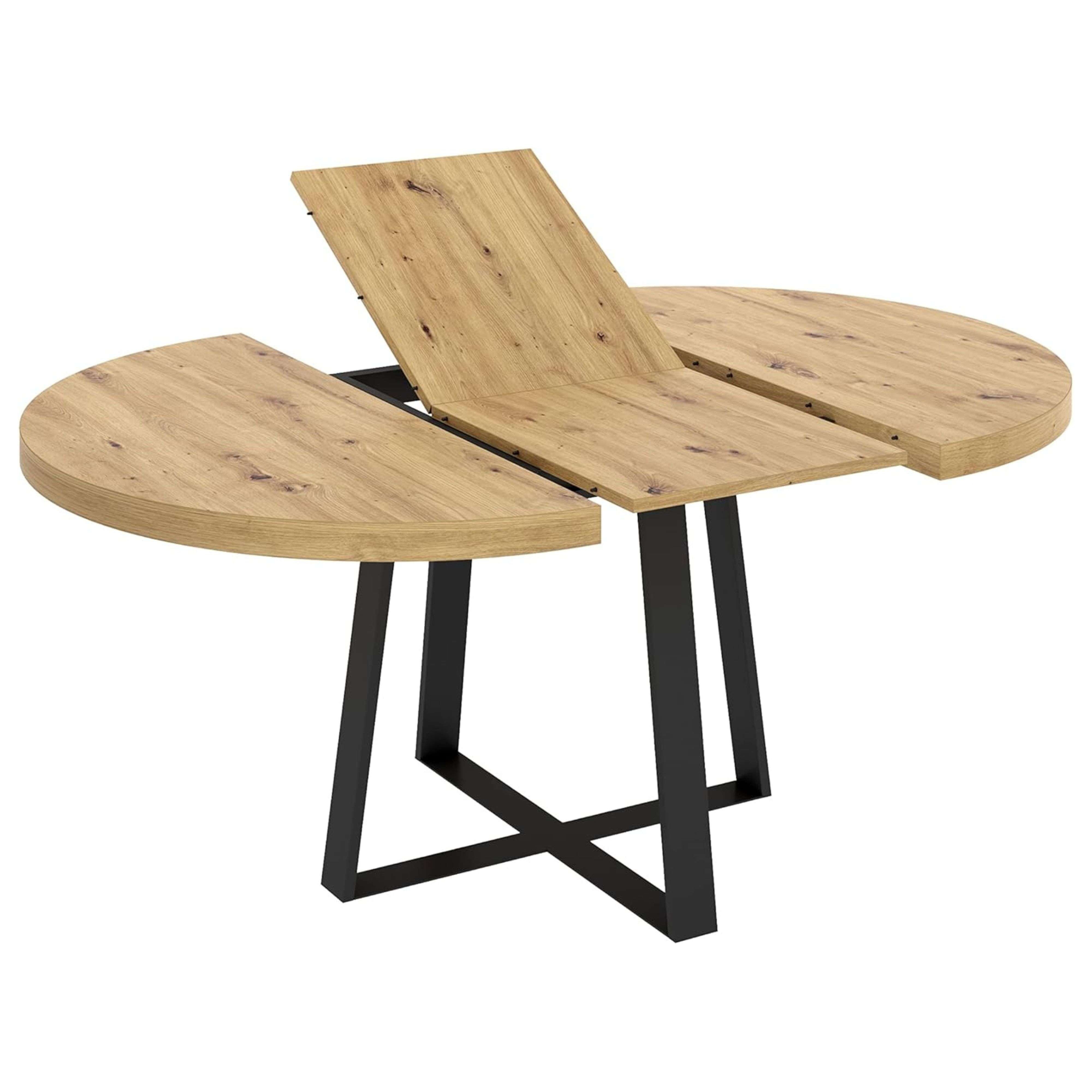 Mesa de madera extensible con patas de metal negro, parcialmente extendida.