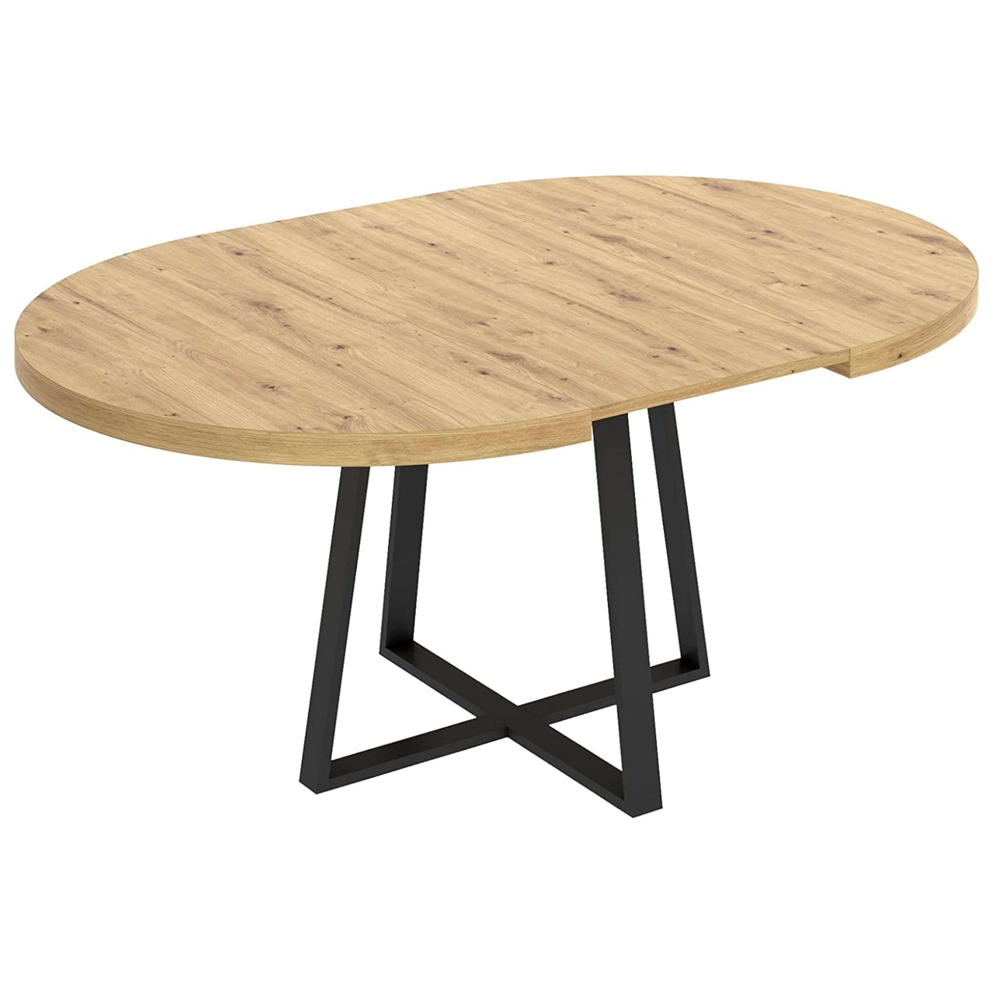 Mesa ovalada de madera con base de metal negro, sobre fondo blanco.