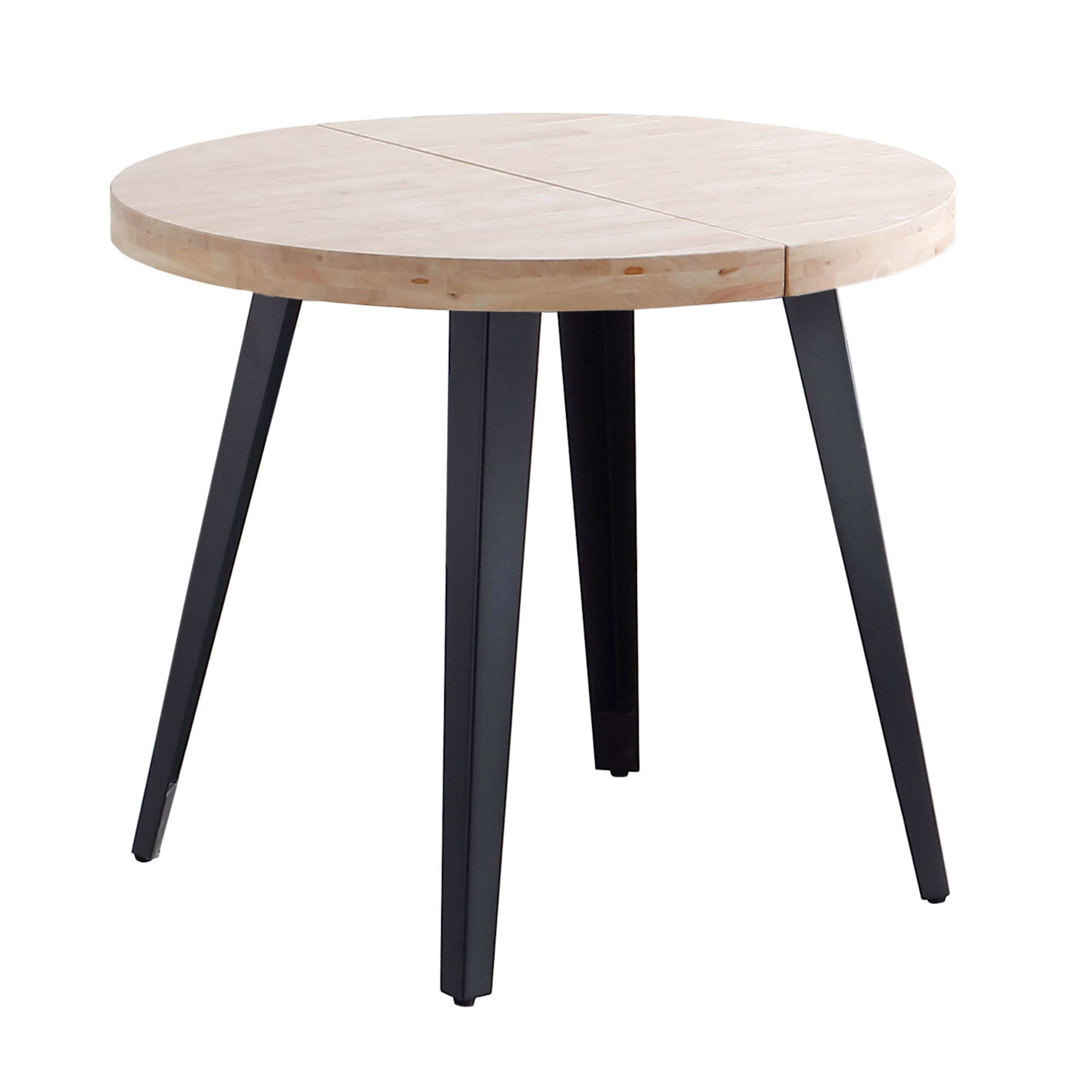 Mesa redonda de madera con cuatro patas metálicas negras.