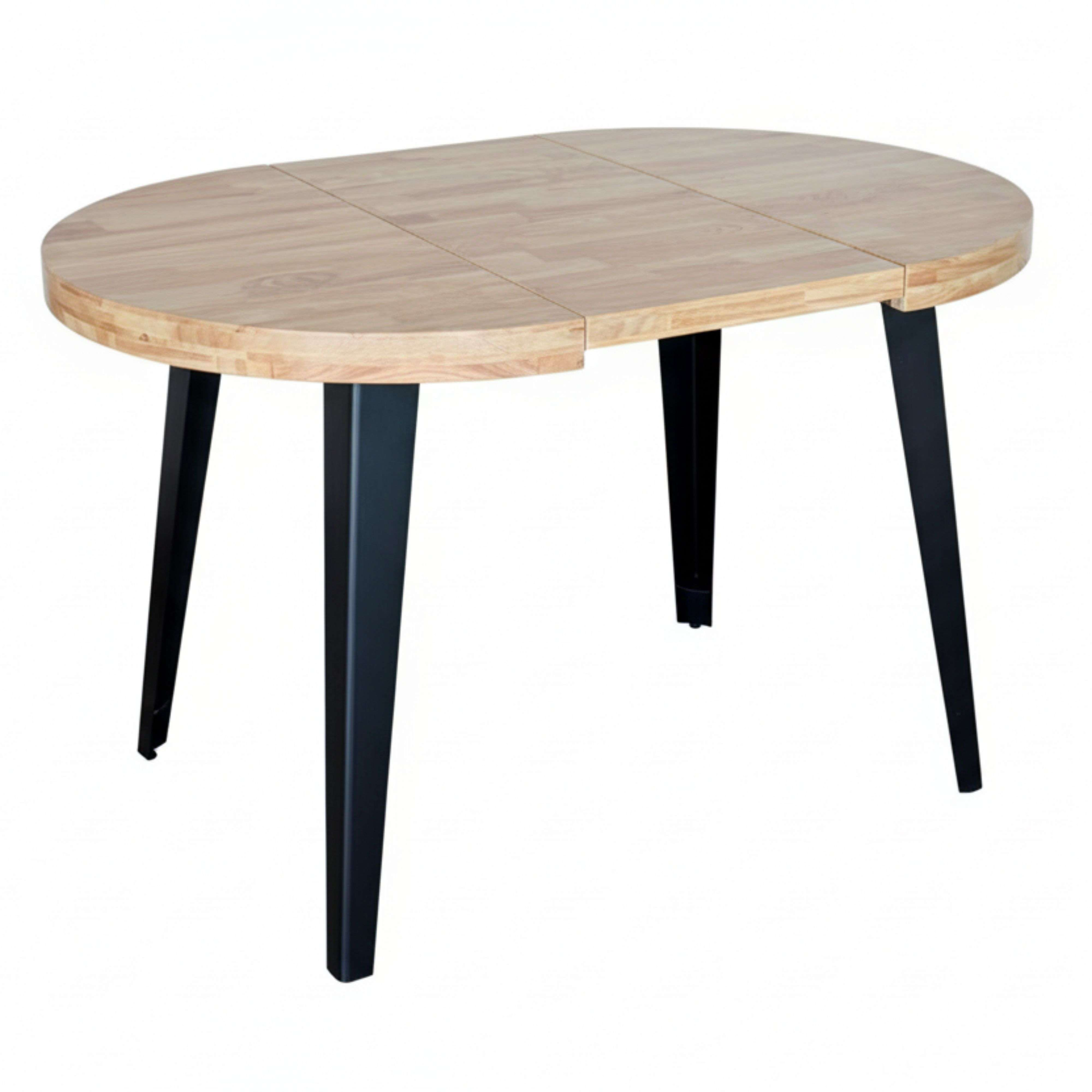 Mesa ovalada de madera con cuatro patas negras cónicas.