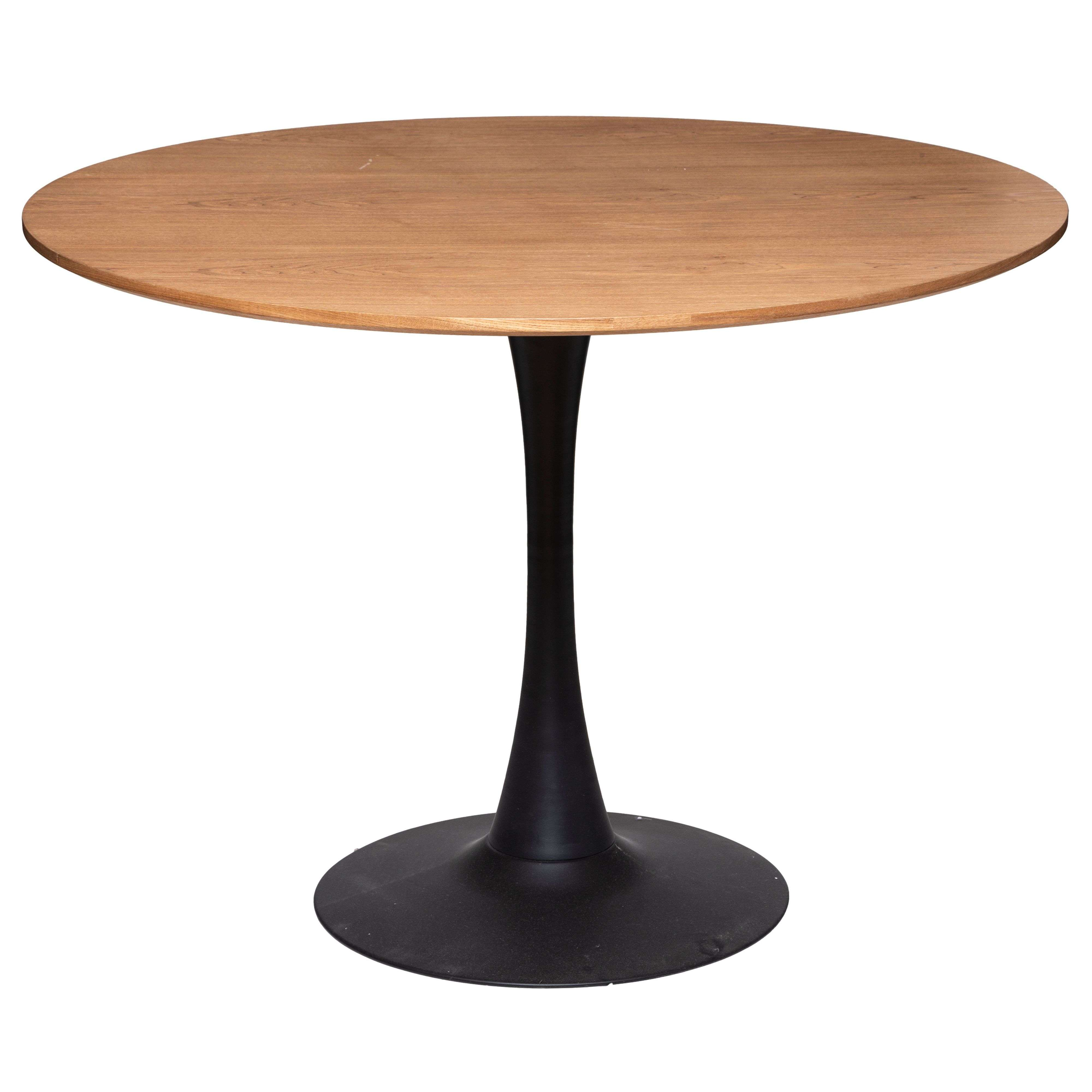 Una mesa redonda de madera con base de pedestal negra y un vástago delgado.