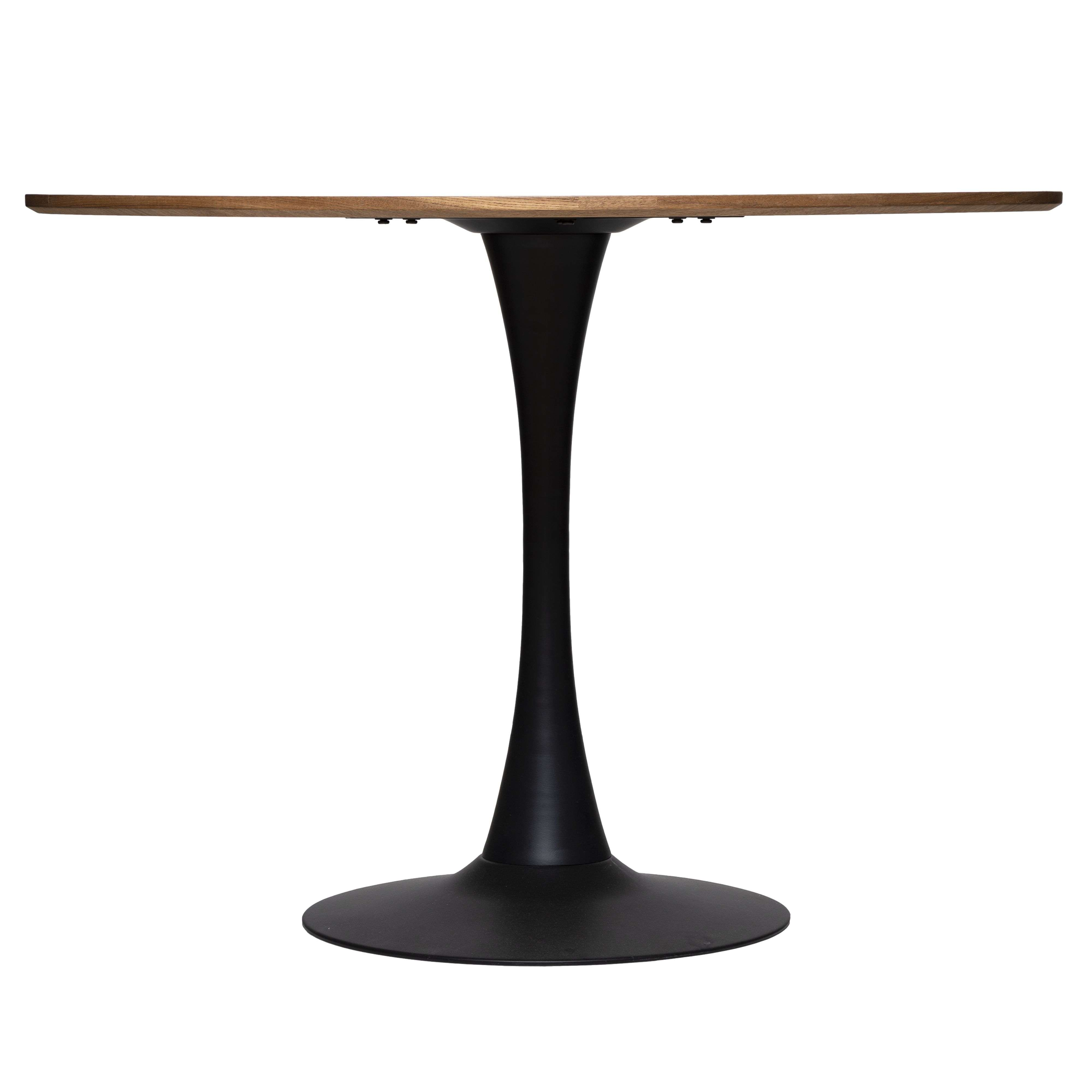 Una mesa redonda de madera con base de pedestal negra y tallo delgado.