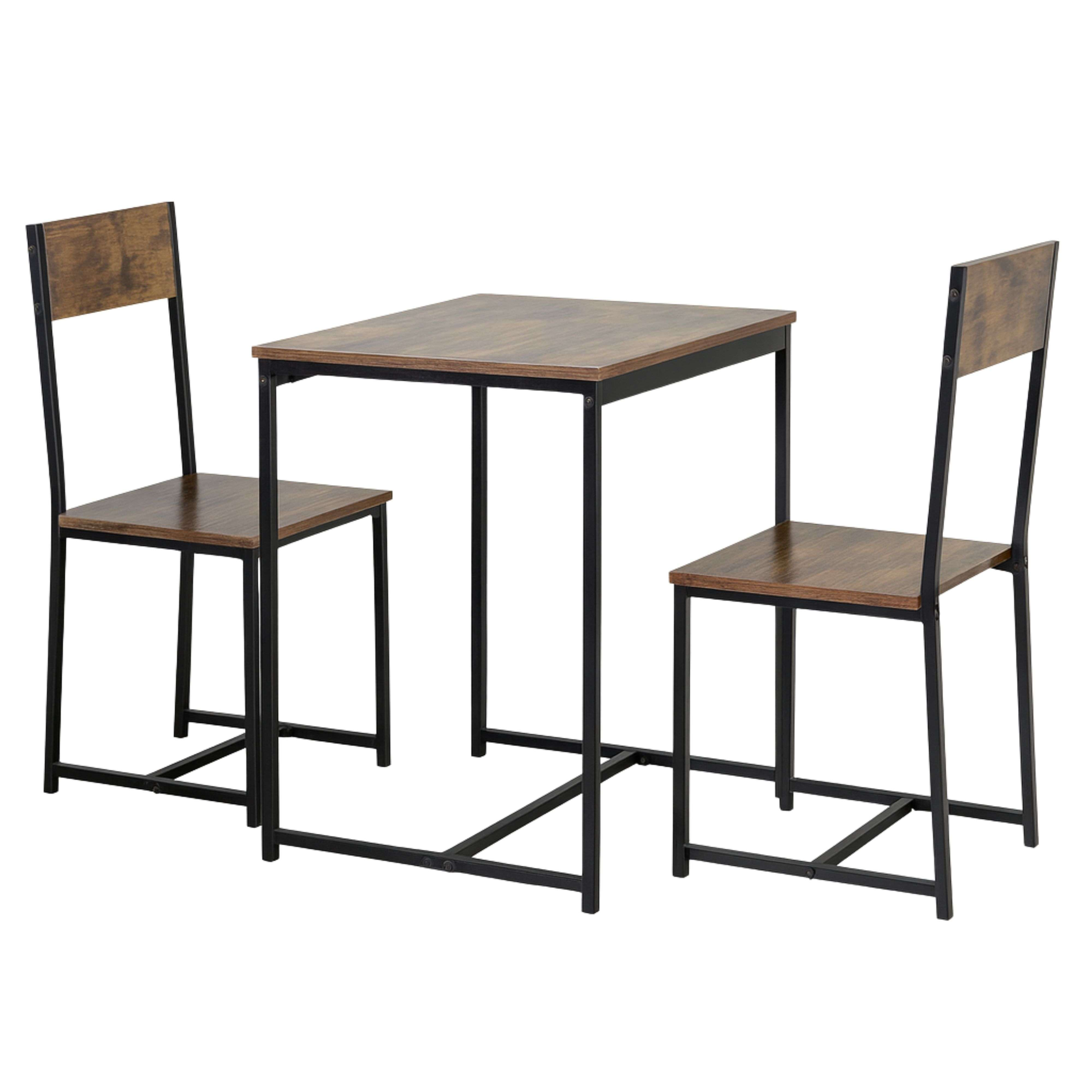 Una mesa pequeña de madera con dos sillas, todas con marcos de metal negro.