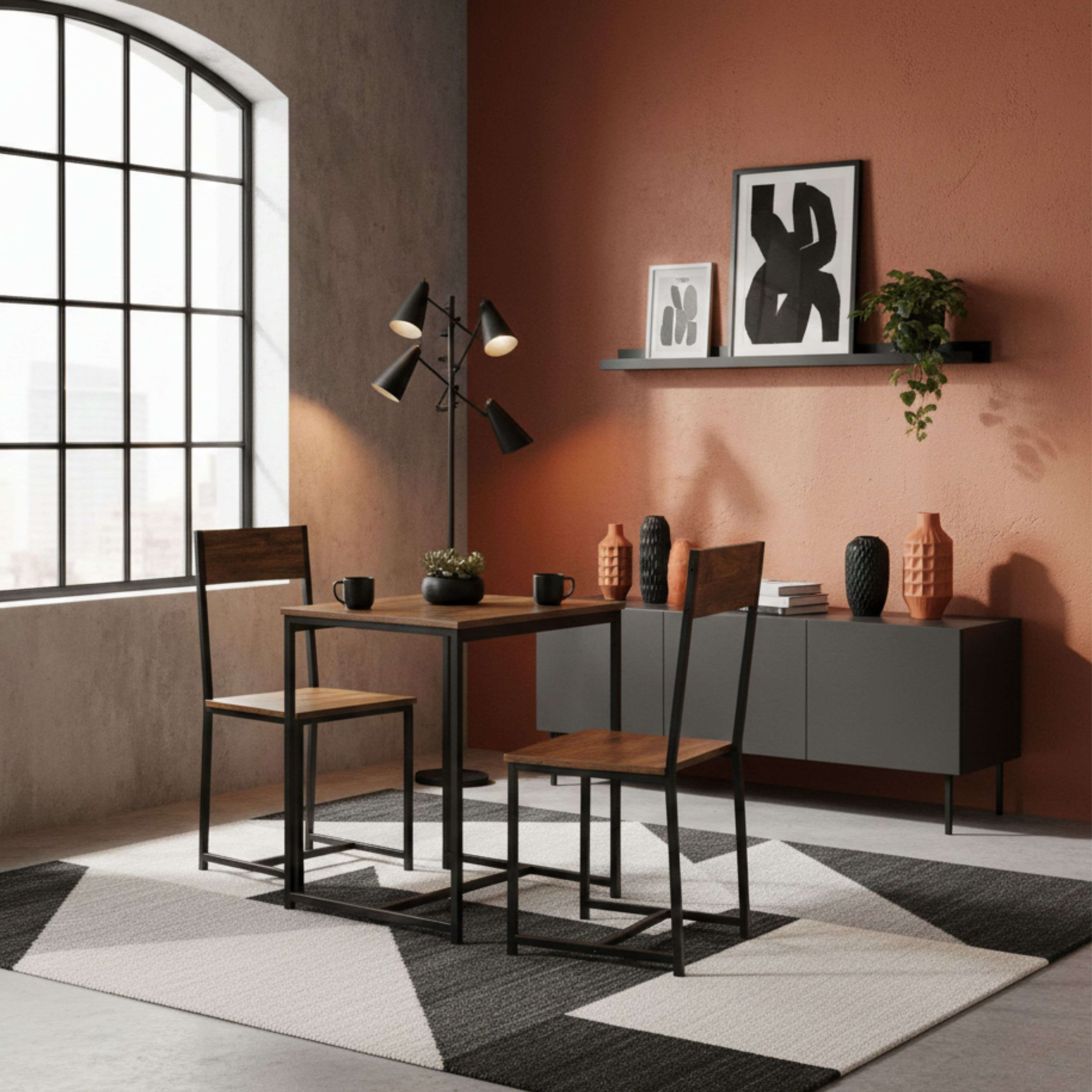 Un comedor con mesa de madera, dos sillas, una lámpara y un aparador.