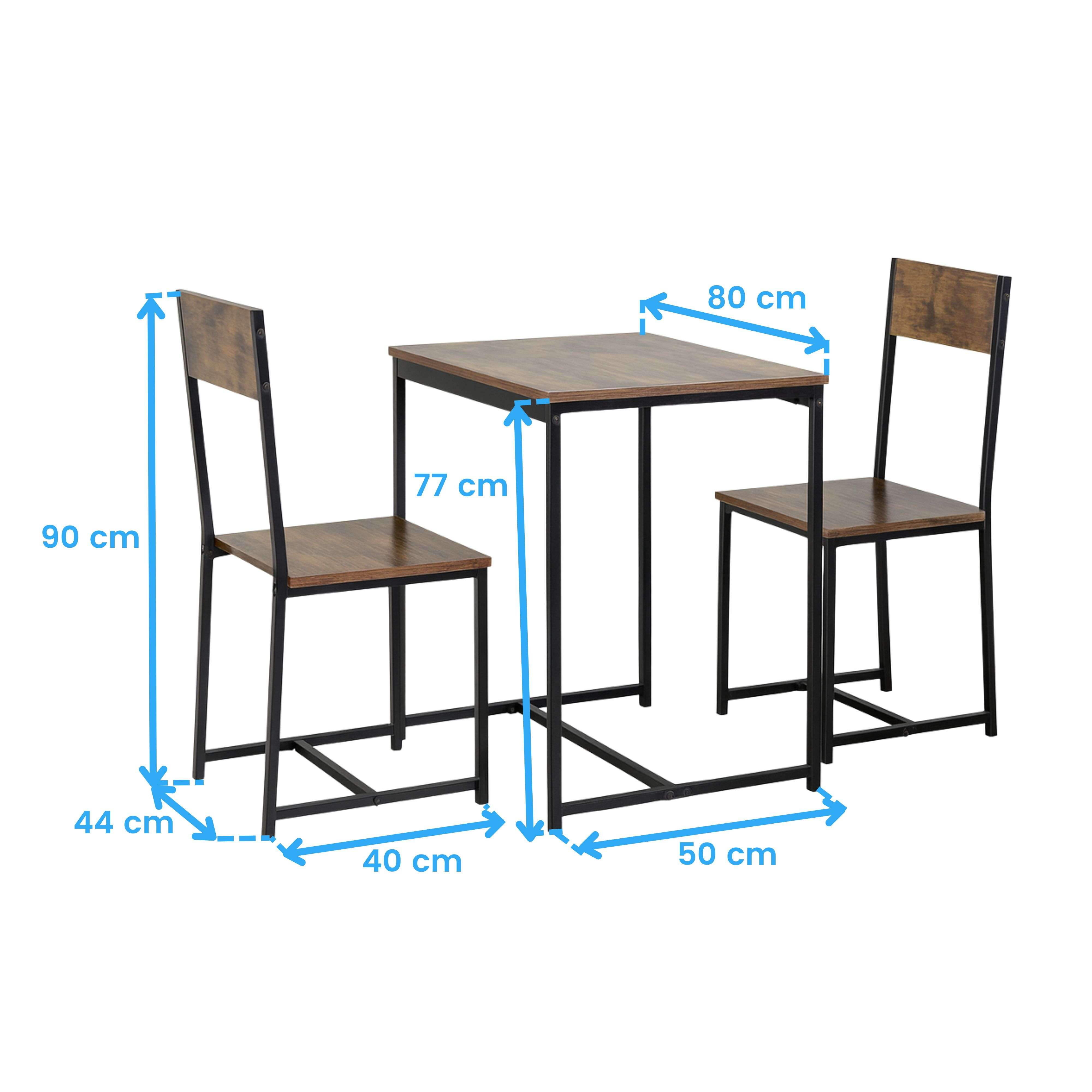 Una mesa de madera con dos sillas, mostrando dimensiones.