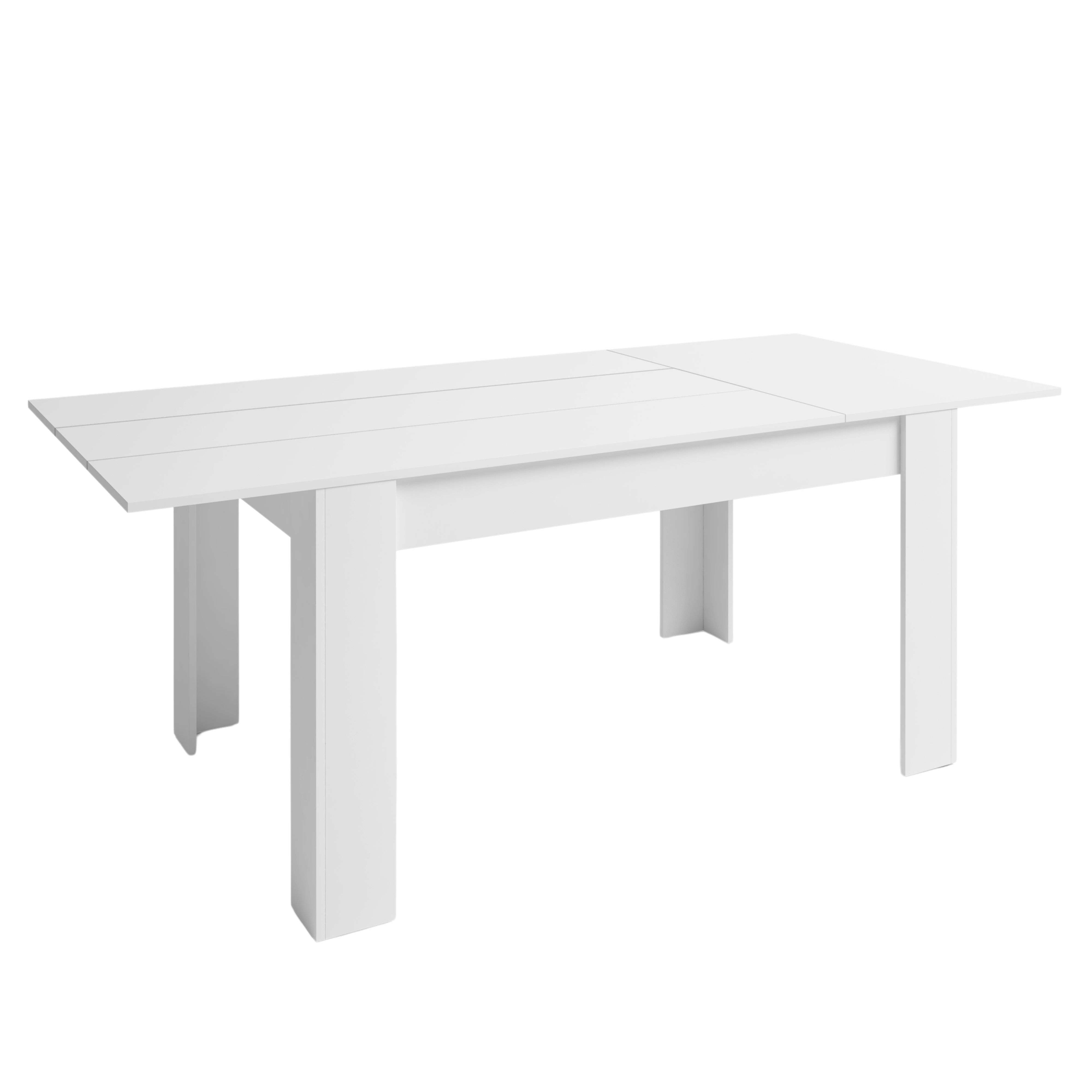 Una mesa de comedor blanca con cuatro patas y tablero rectangular.