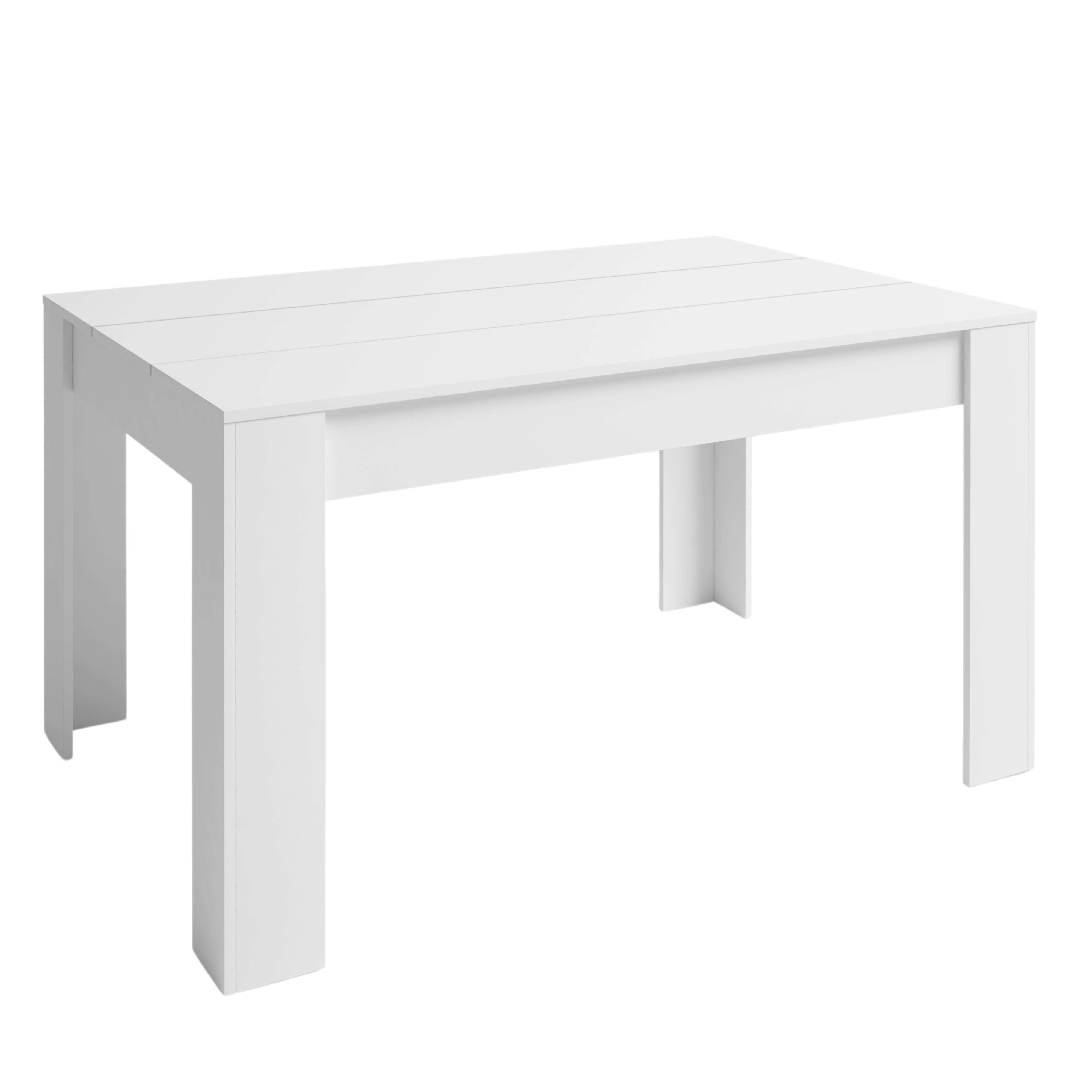 Una mesa blanca moderna con cuatro patas y un tablero plano.