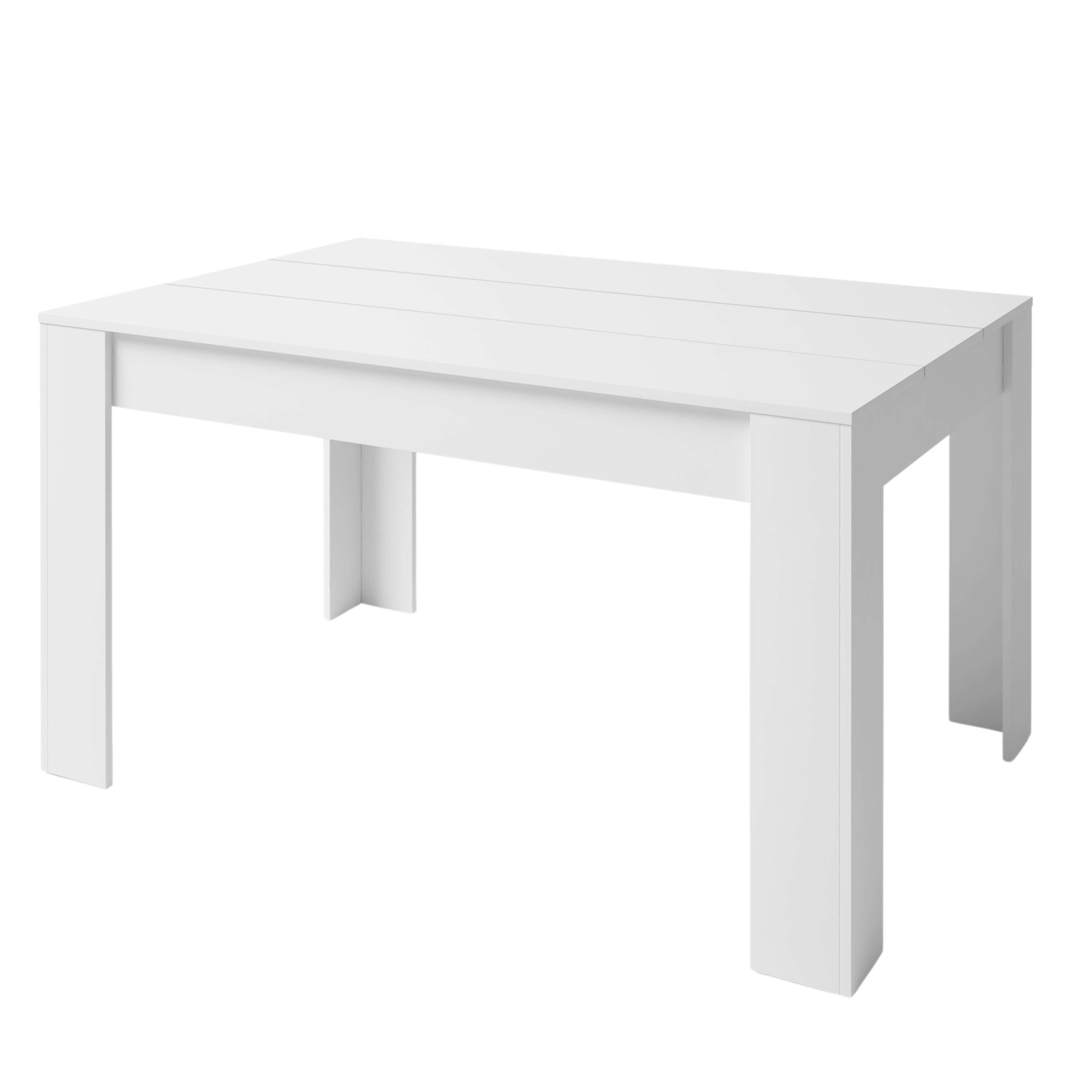 Una mesa blanca moderna con cuatro patas y tablero rectangular. Diseño limpio.