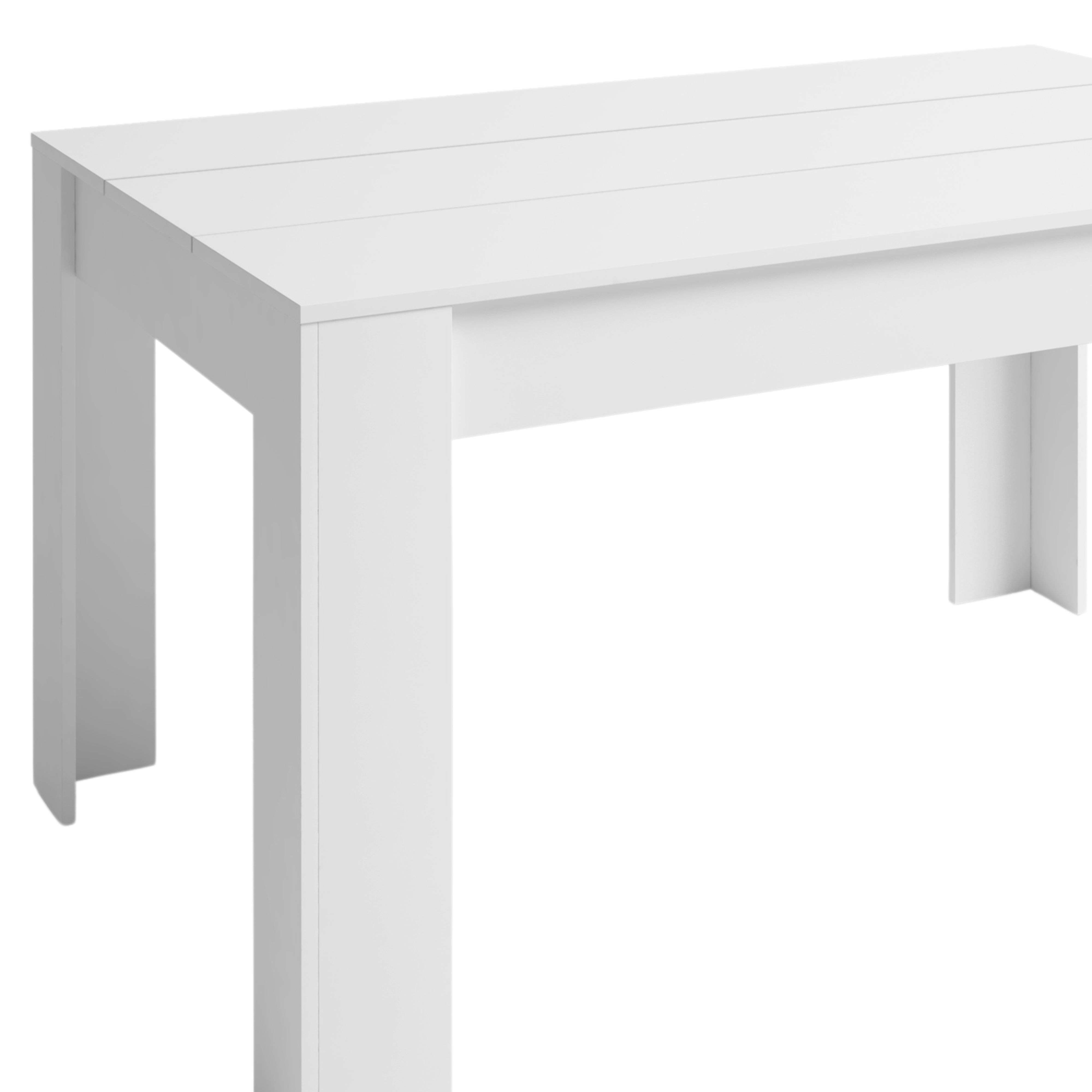 Una mesa blanca con cuatro patas y un tablero estrecho.