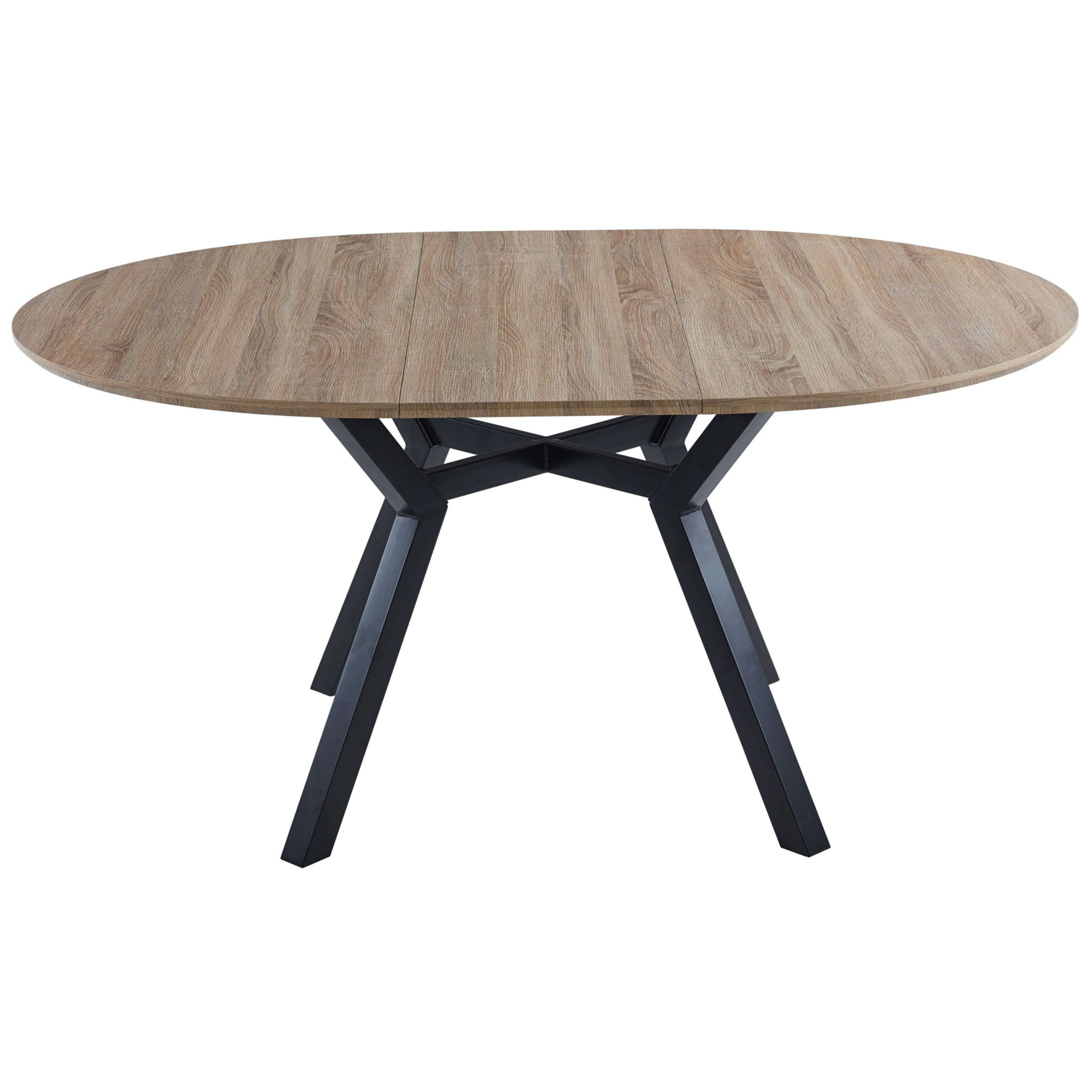 Una mesa ovalada con acabado de veta de madera y base de metal negro.