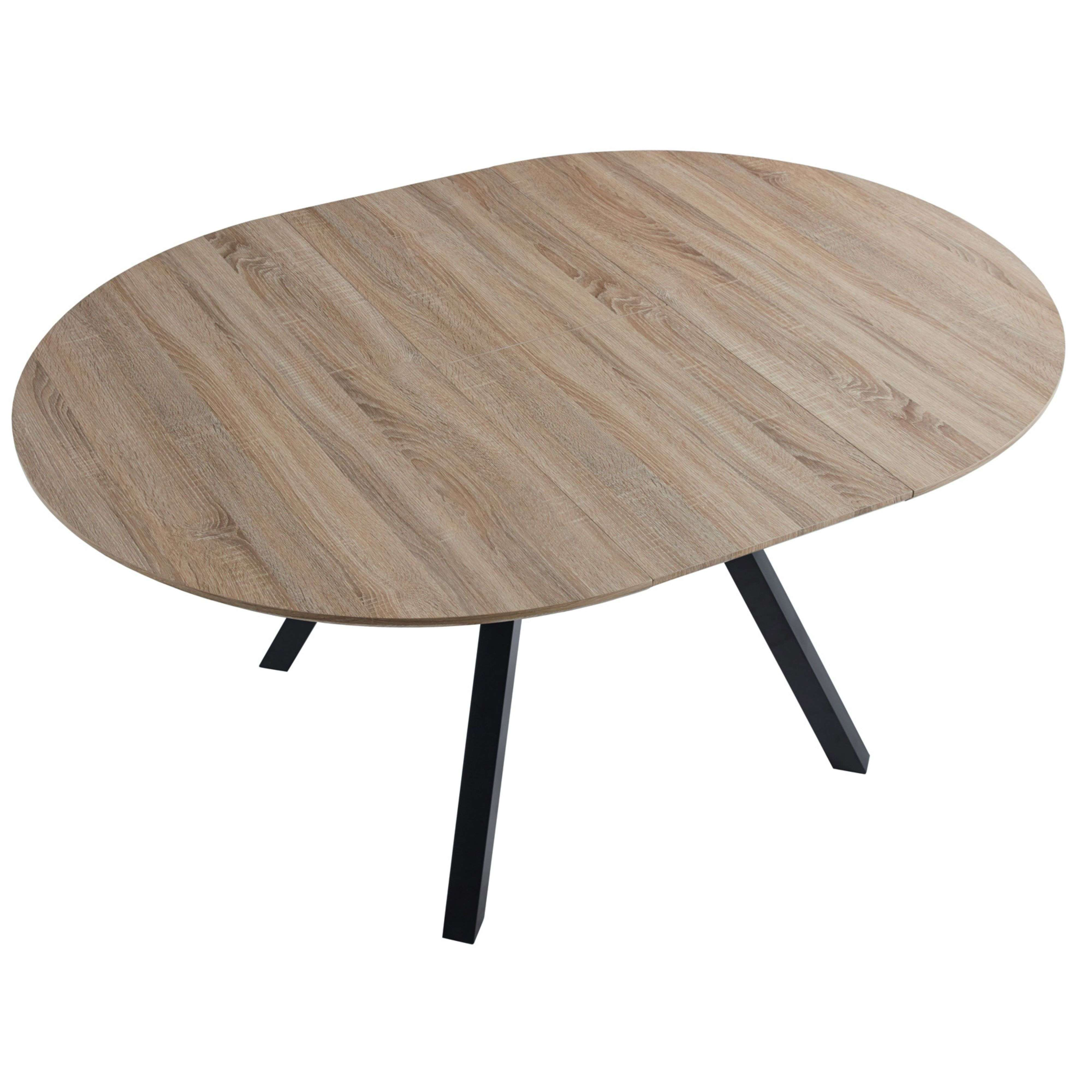 Una mesa ovalada con veta de madera y patas negras.