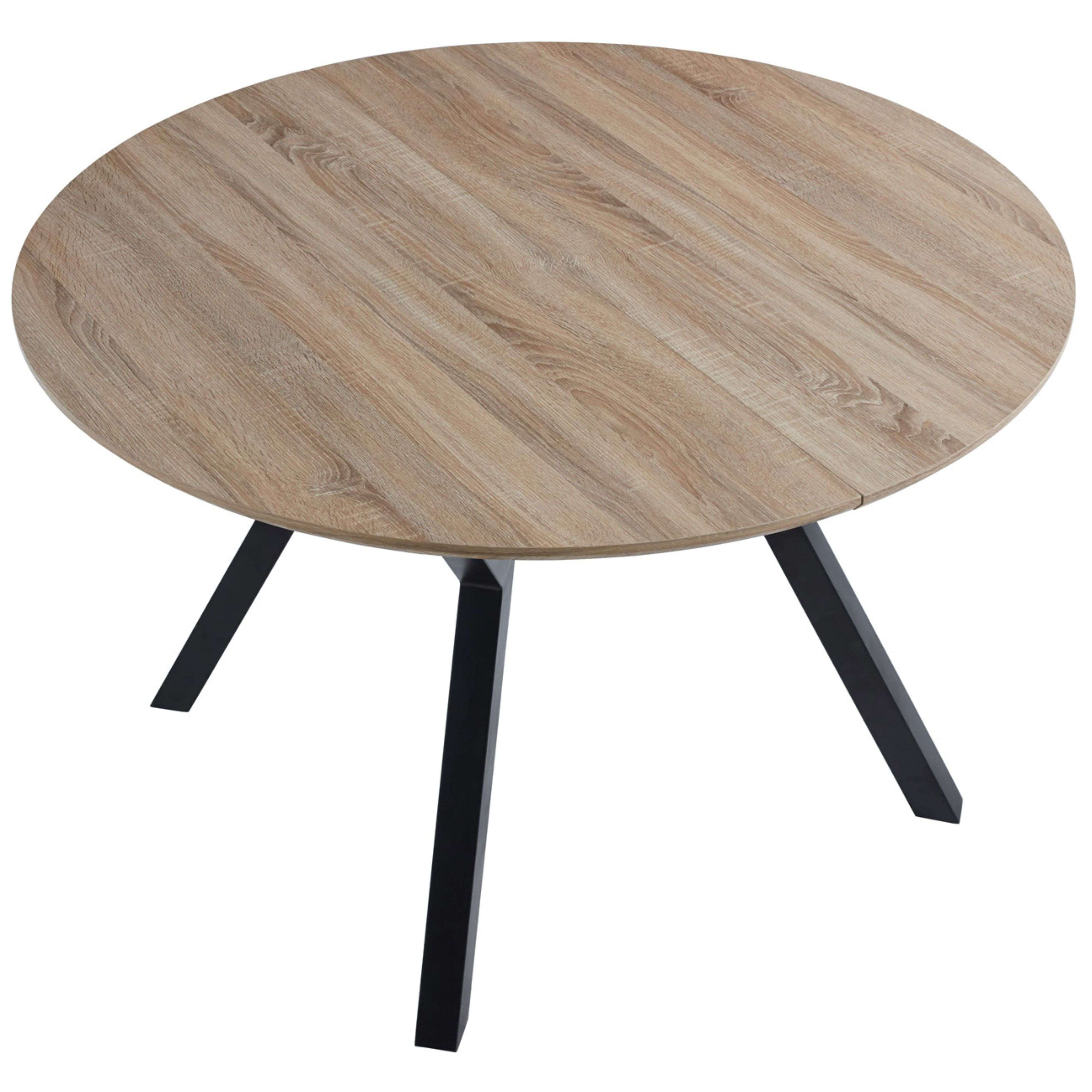 Una mesa redonda con tapa de veta de madera y patas negras.