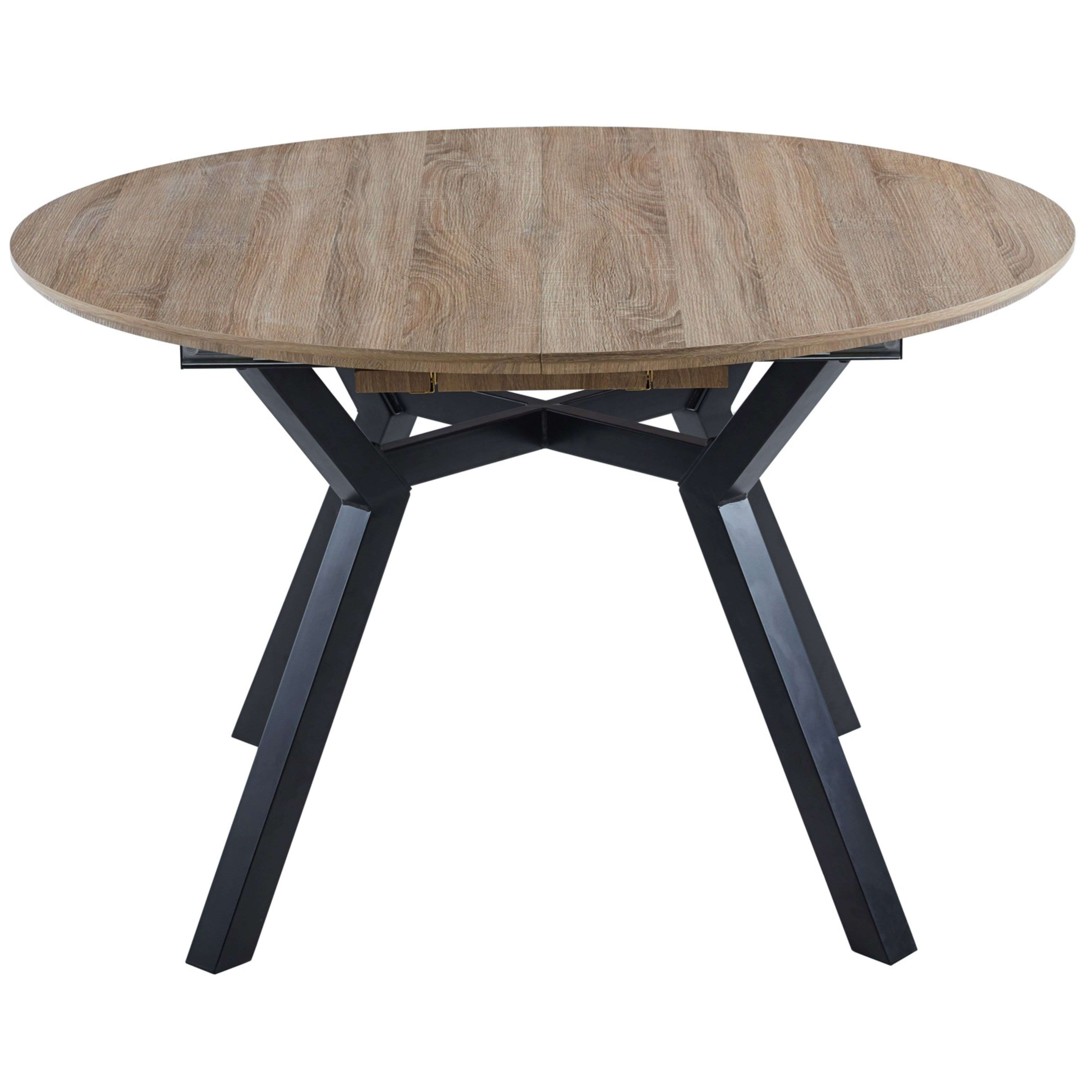 Mesa redonda de madera con base negra de metal entrelazado.