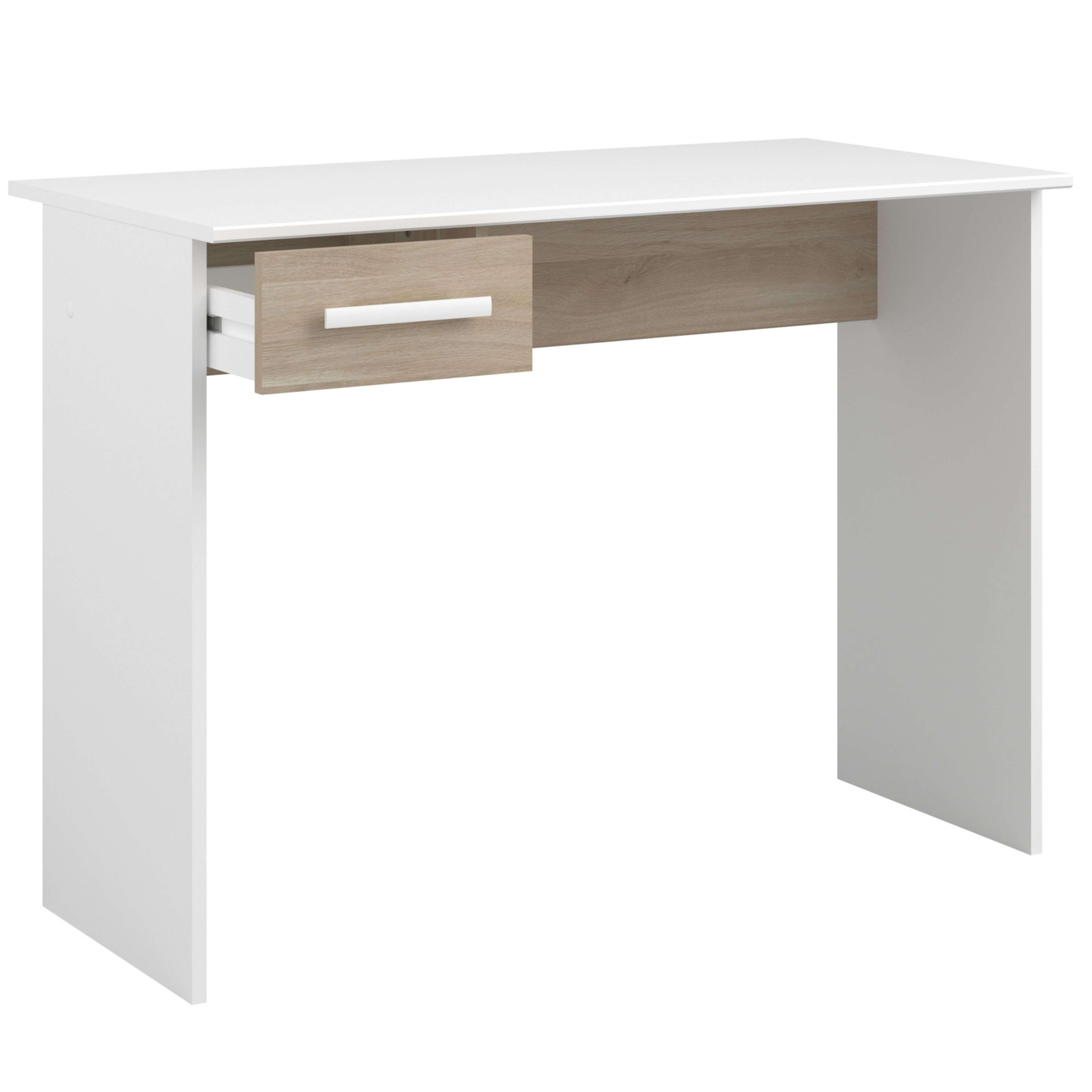 Un escritorio blanco con un cajón de aspecto de madera.