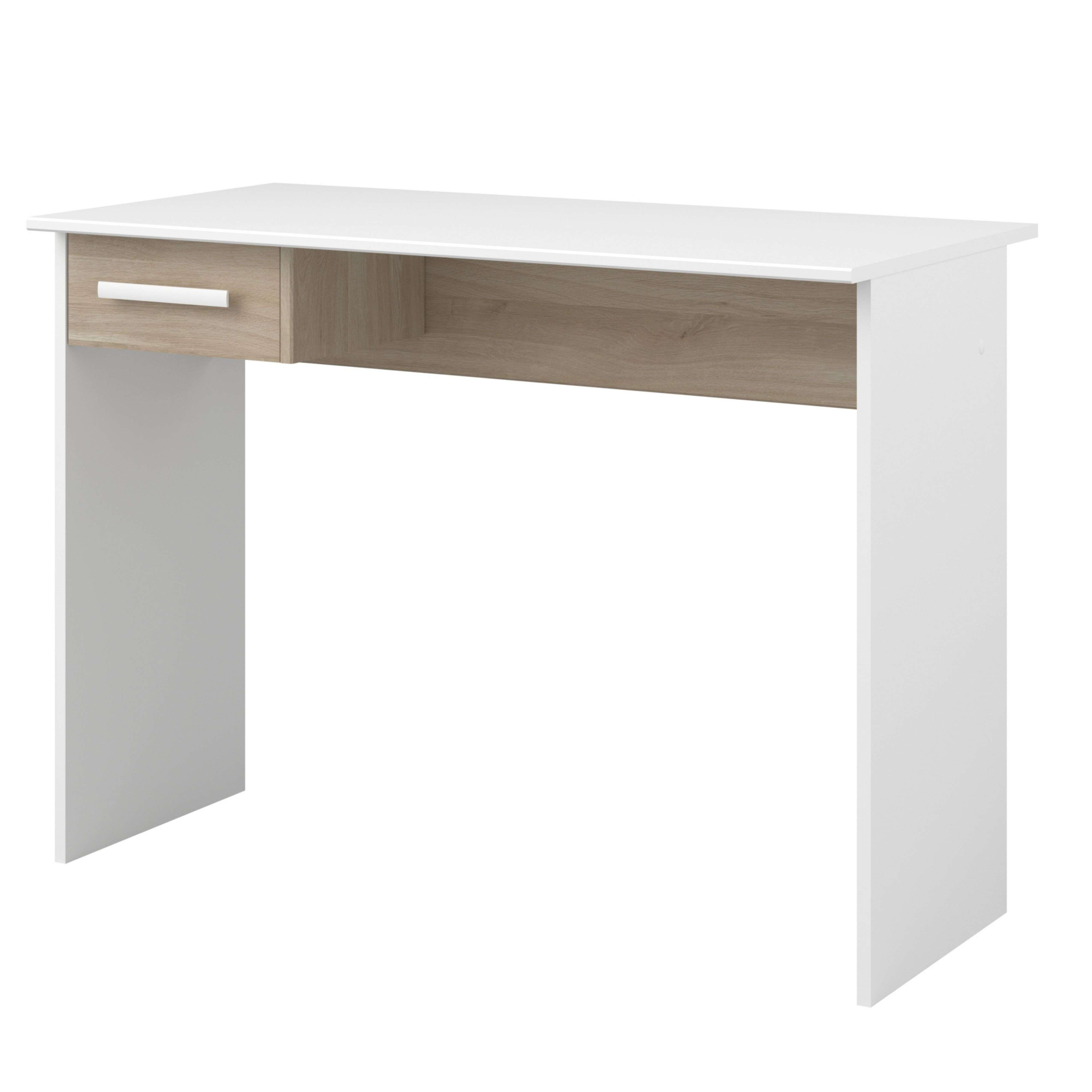 Un escritorio blanco con un cajón efecto madera y un estante abierto.