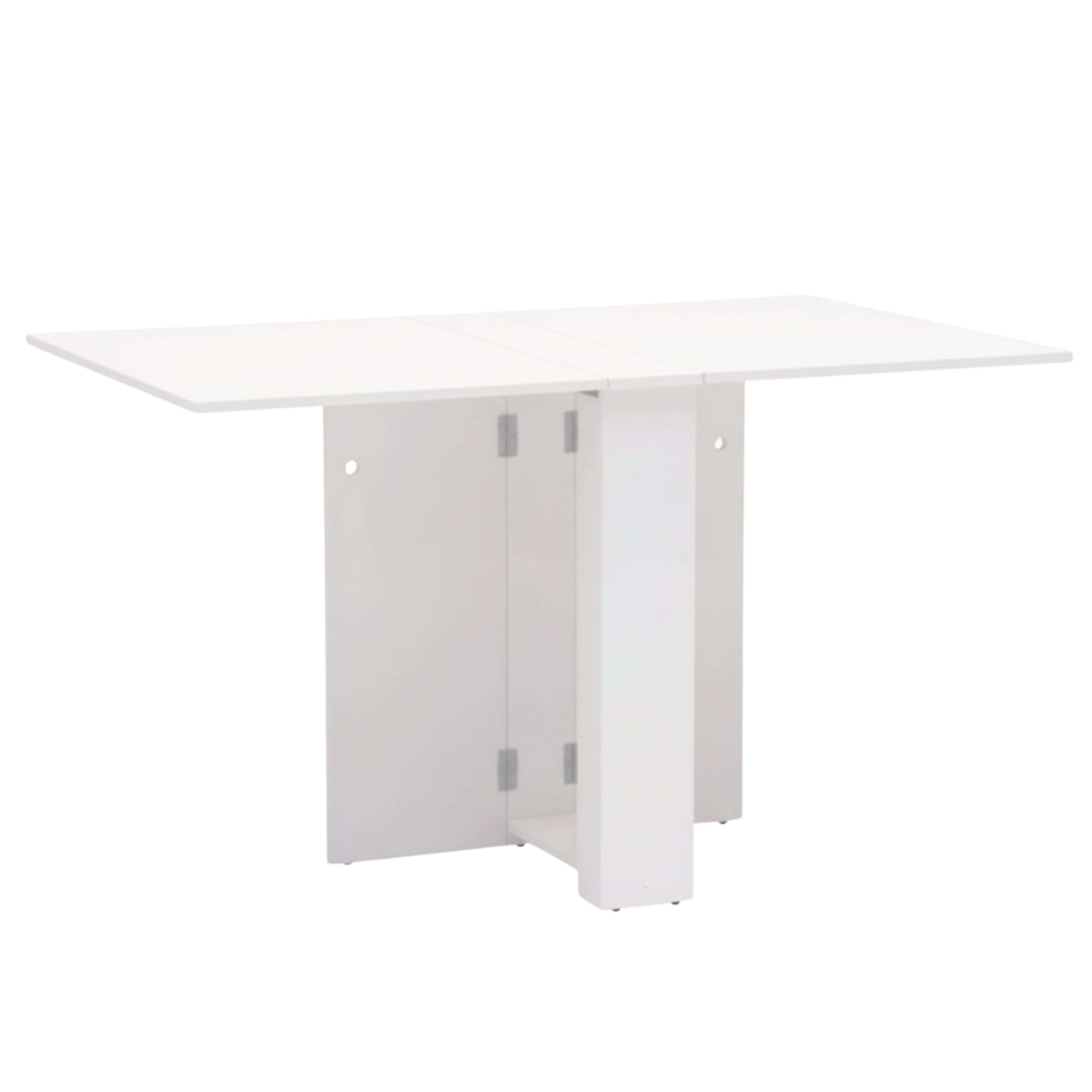 Una mesa extensible blanca con dos patas de columna y bisagras plateadas.