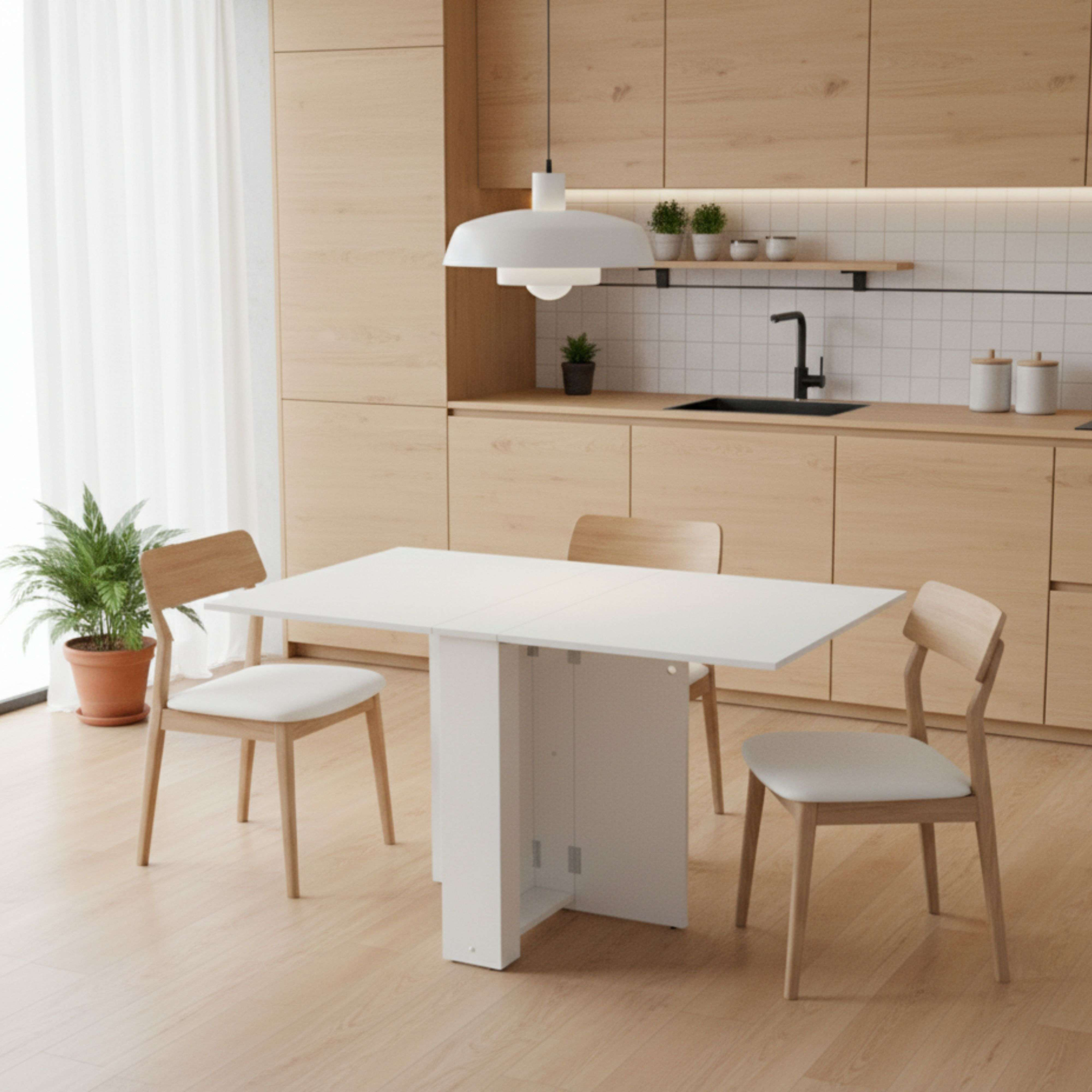 Una mesa plegable blanca en una cocina con gabinetes de madera y tres sillas.