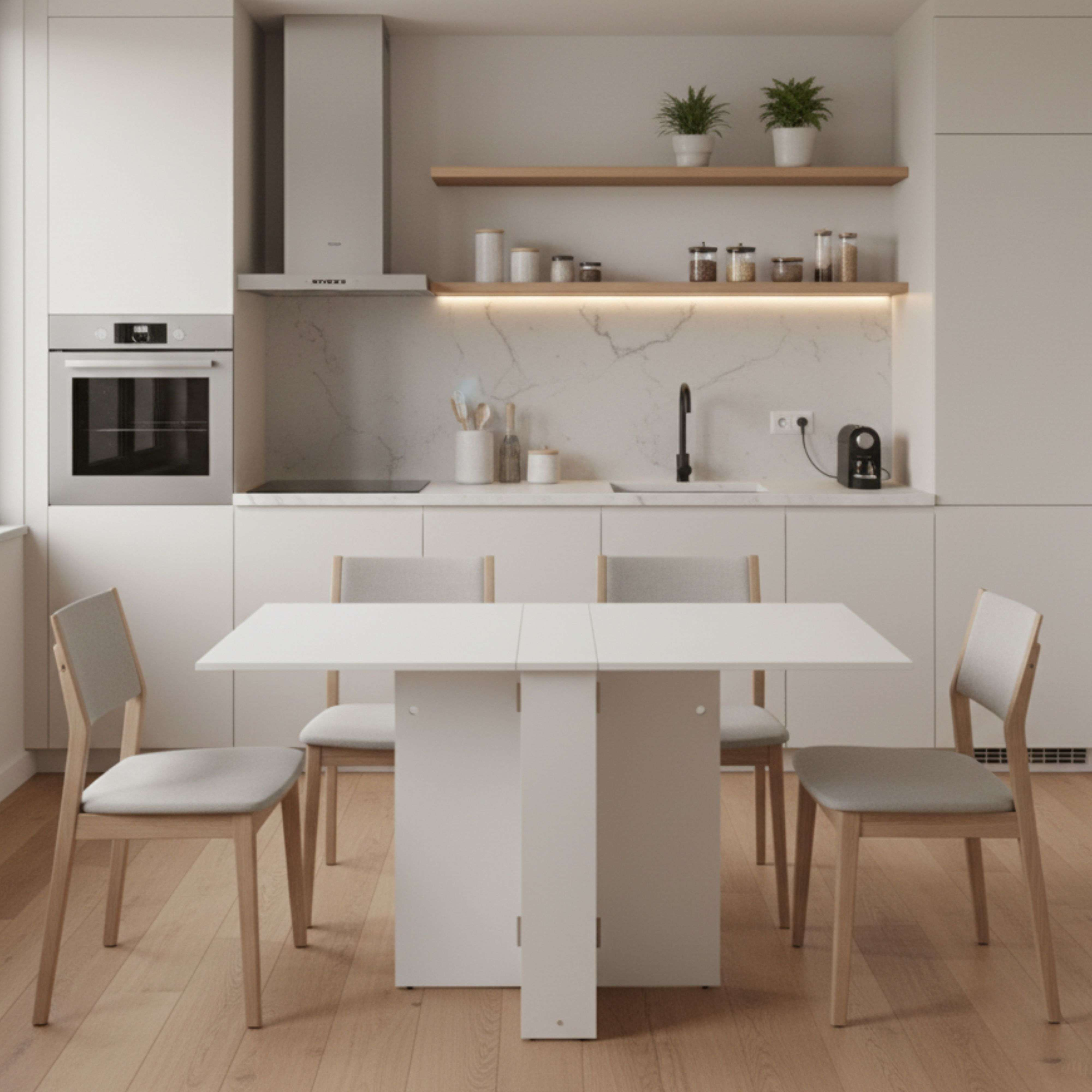 Moderna cocina blanca con mesa de comedor y cuatro sillas de madera.