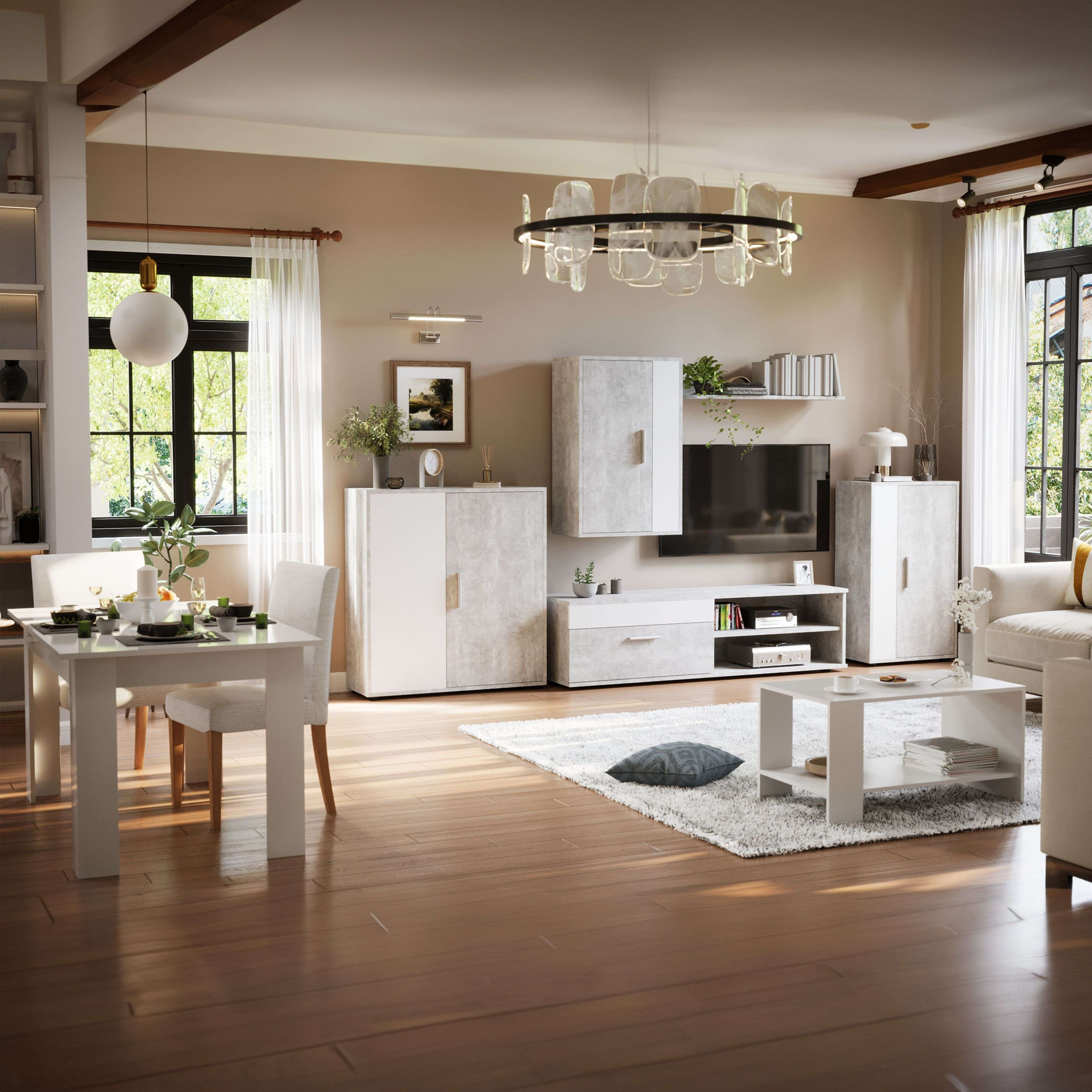 Sala de estar moderna con comedor, mueble de TV y sofá.