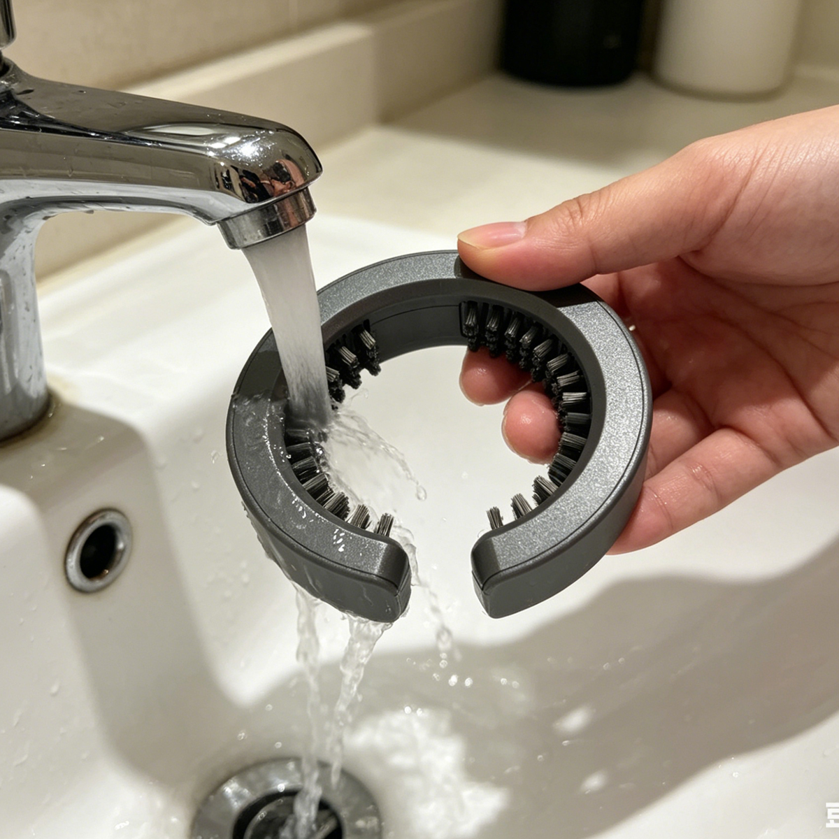 Grauer Reinigungsaufsatz mit Borsten unter fließendem Wasser im Waschbecken.