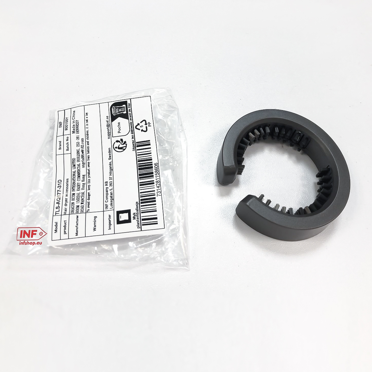 Grauer Haartrockneraufsatz und Verpackung mit Produktinformationen.