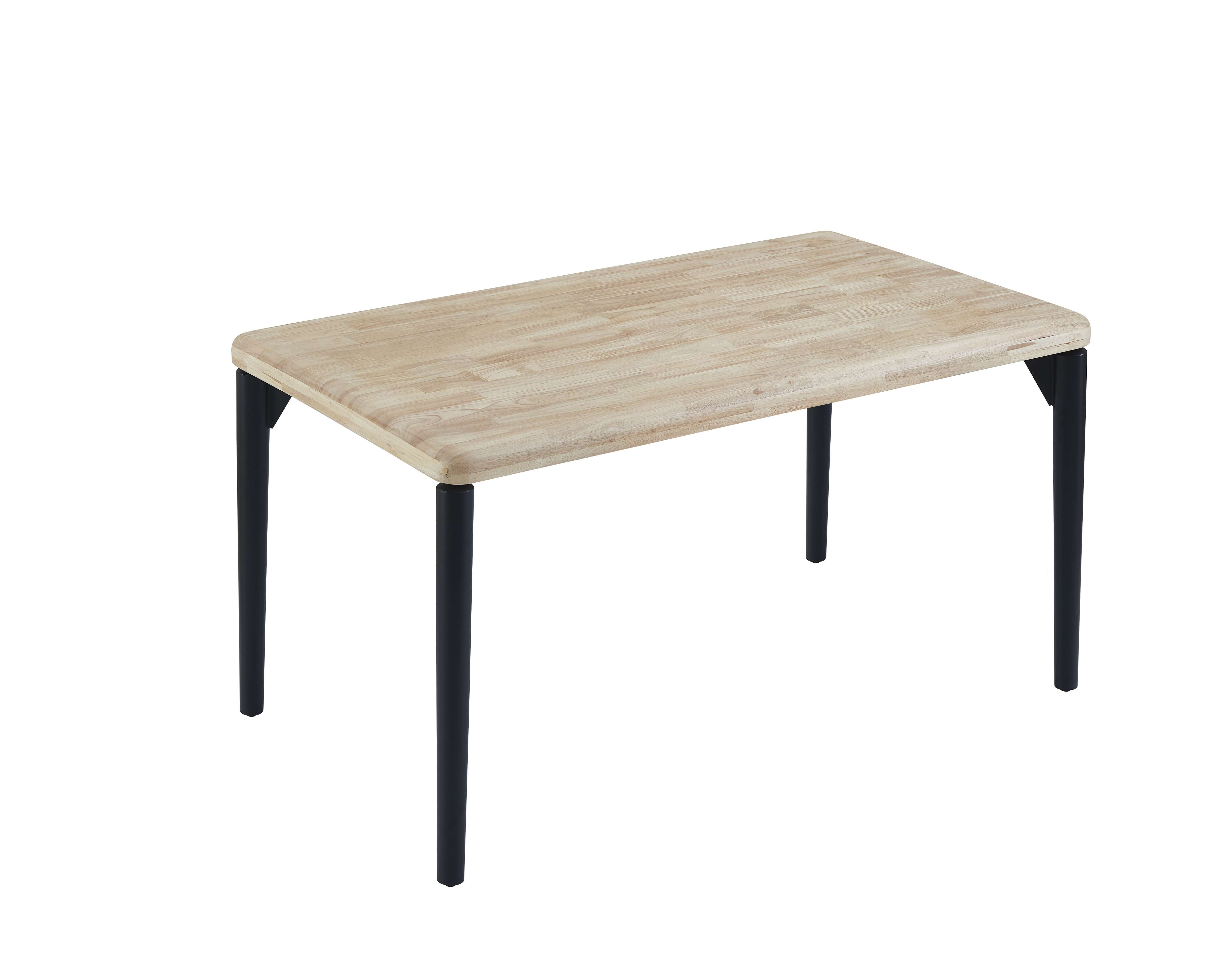 Una mesa rectangular de madera con esquinas redondeadas y patas de metal negro.