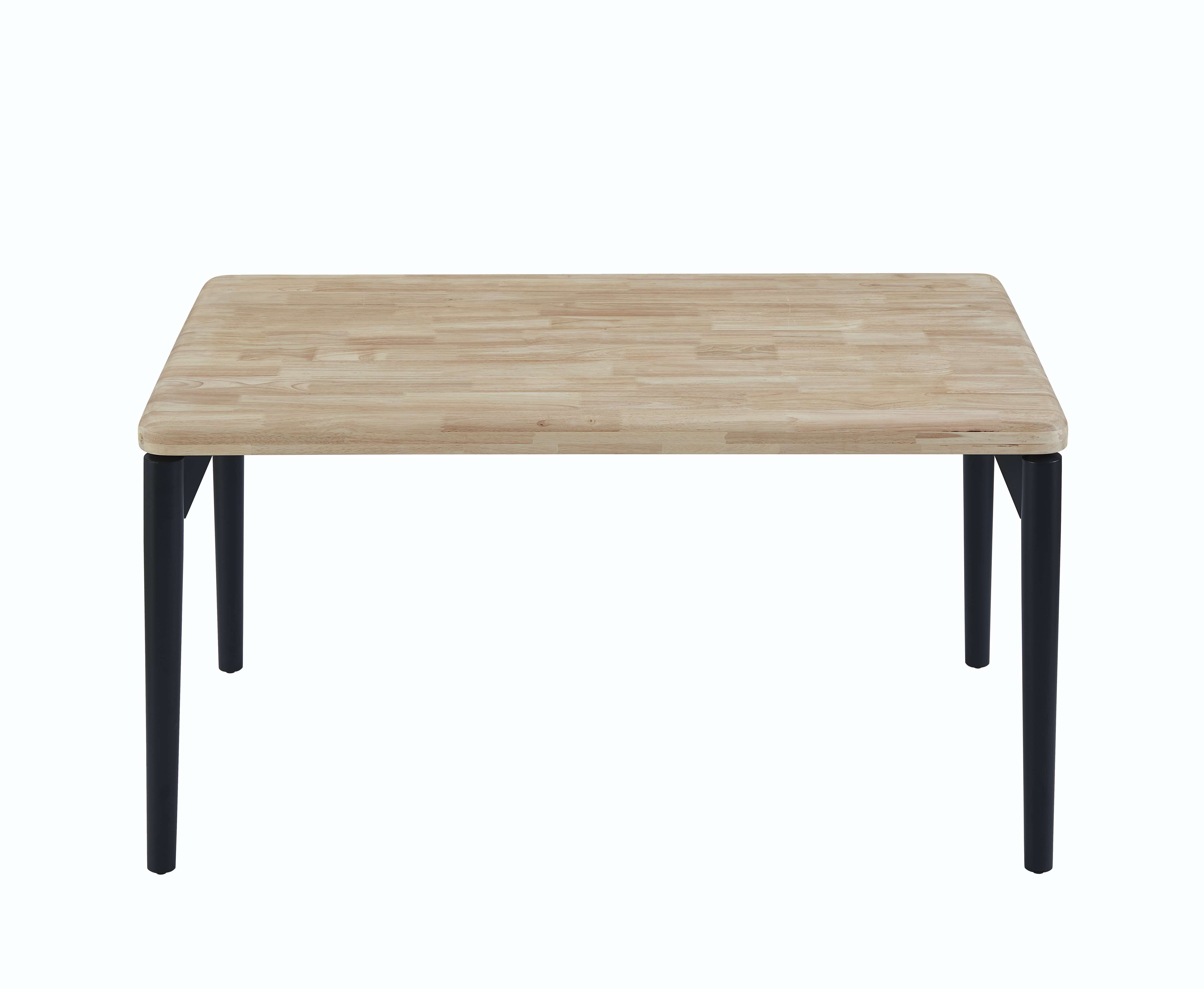 Una mesa de madera con patas negras sobre fondo blanco.
