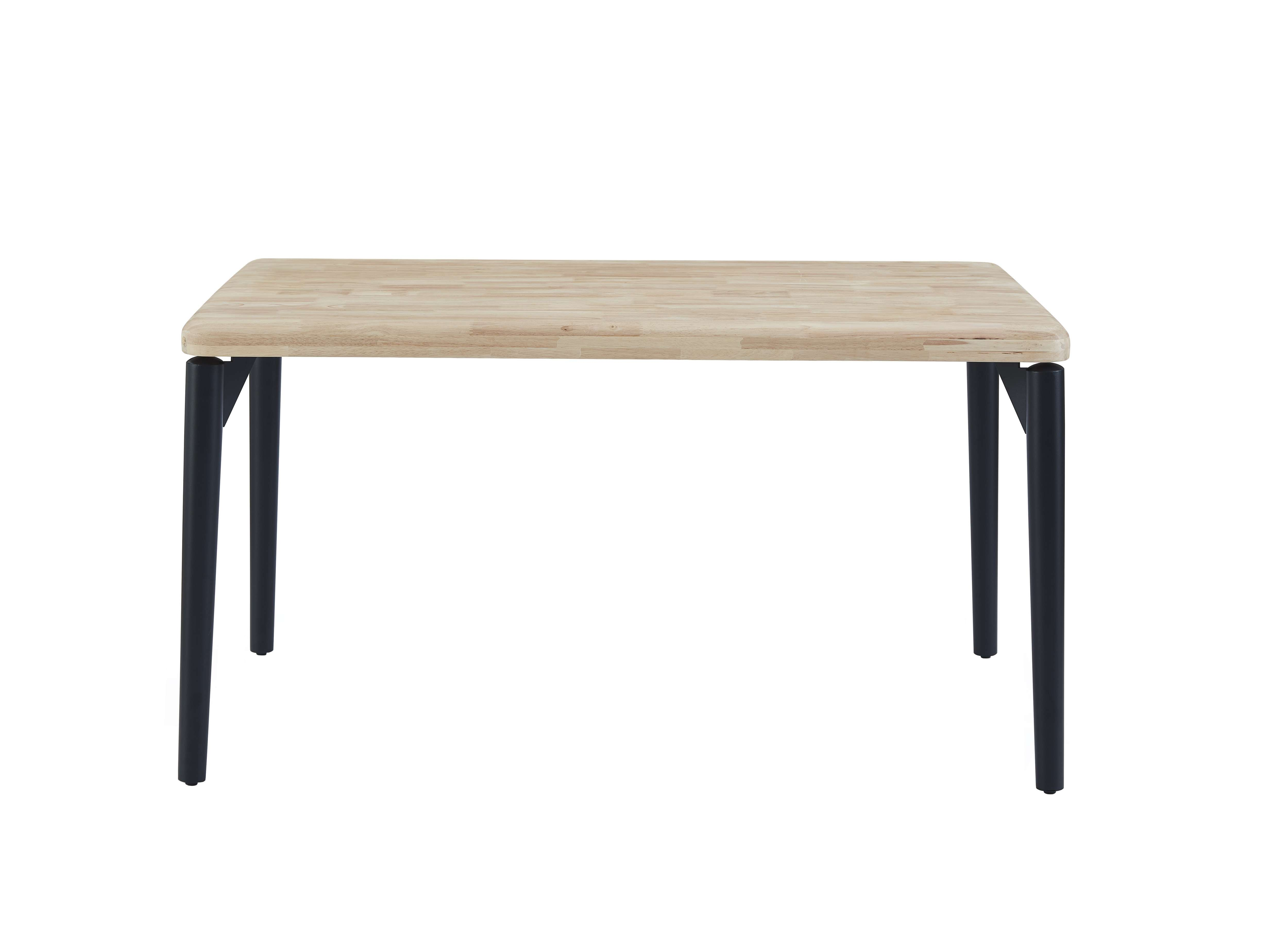 Una mesa de madera con patas de metal negro sobre fondo blanco.
