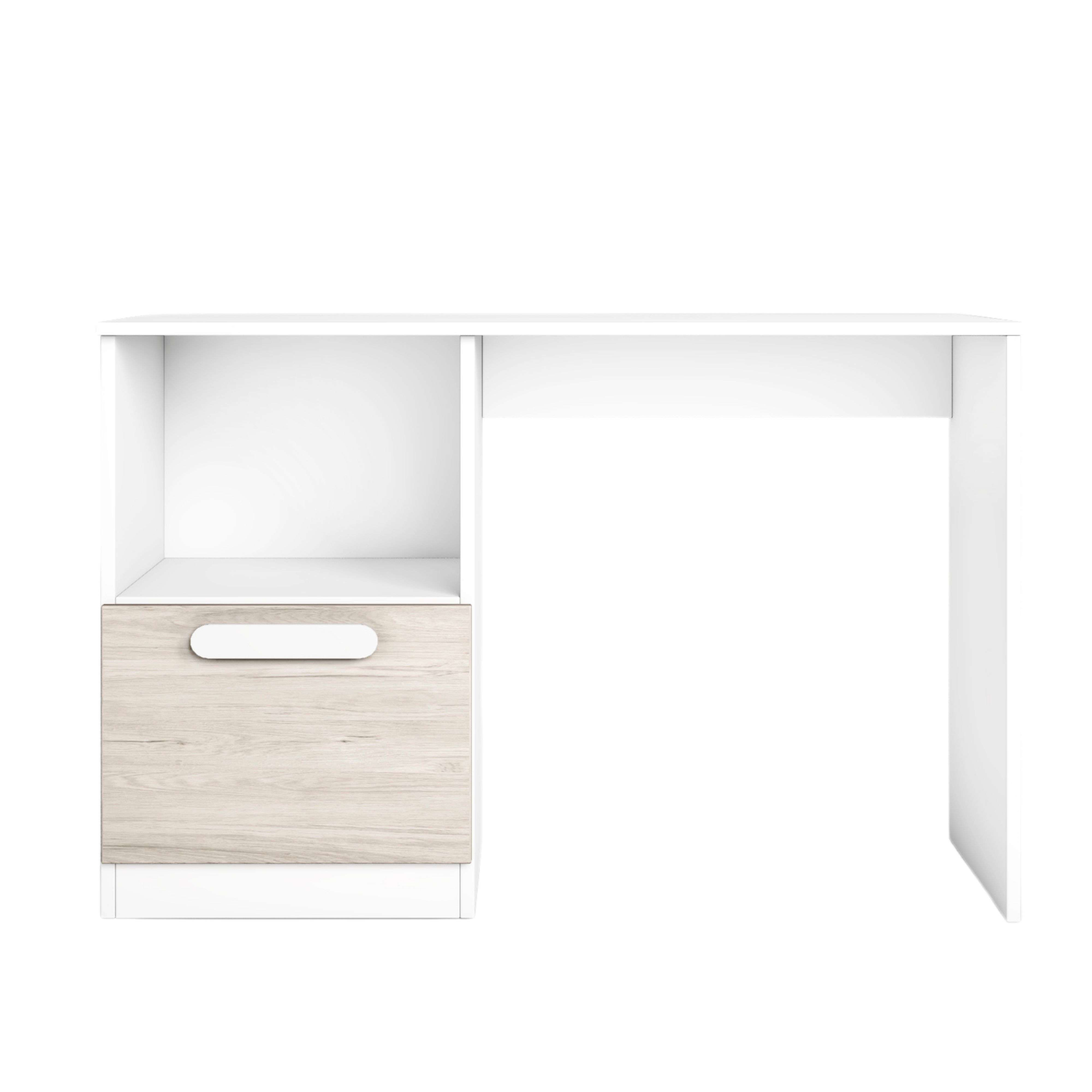 Un escritorio blanco con un cajón de madera clara.