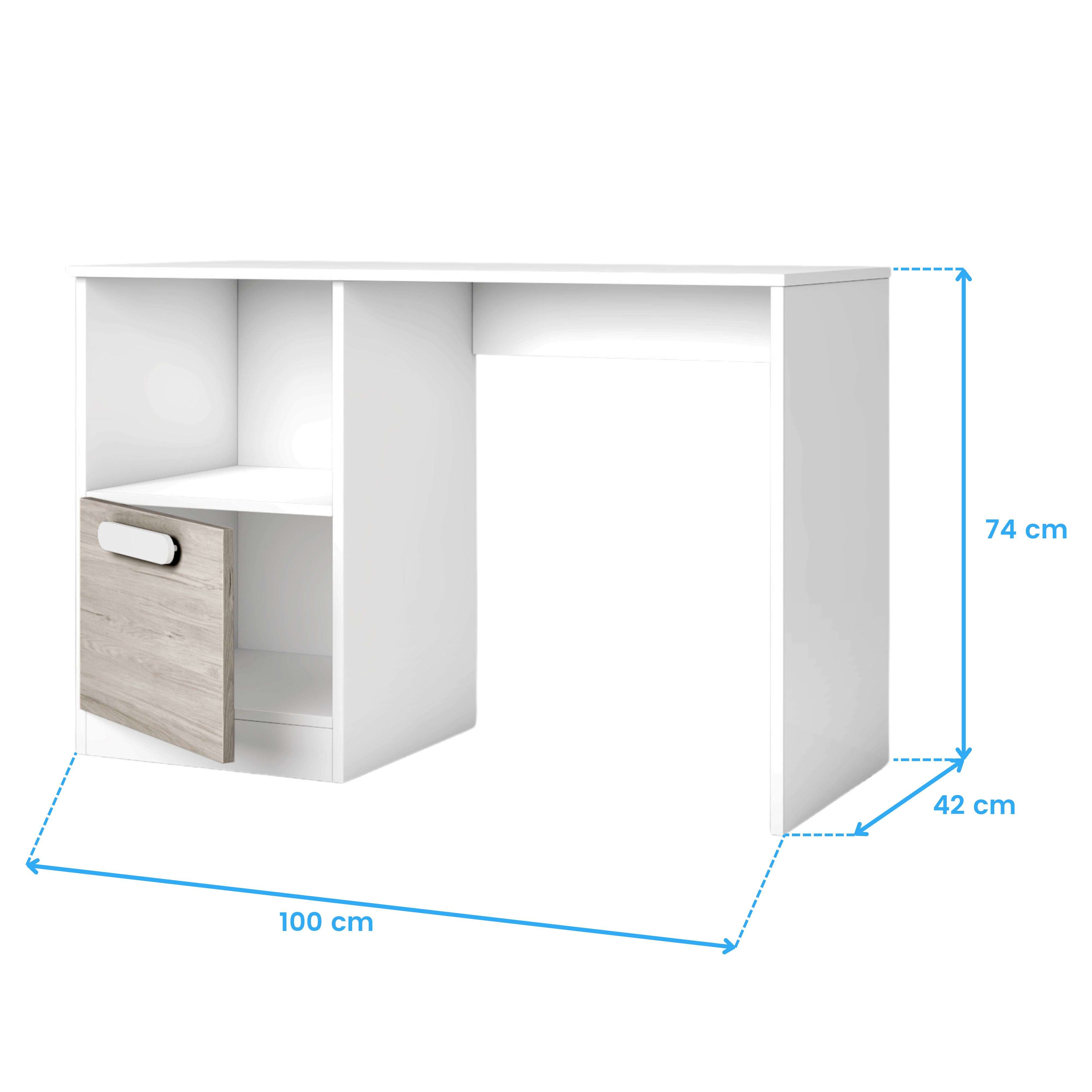Un escritorio blanco con puerta de armario de madera. Dimensiones 100x74x42 cm.