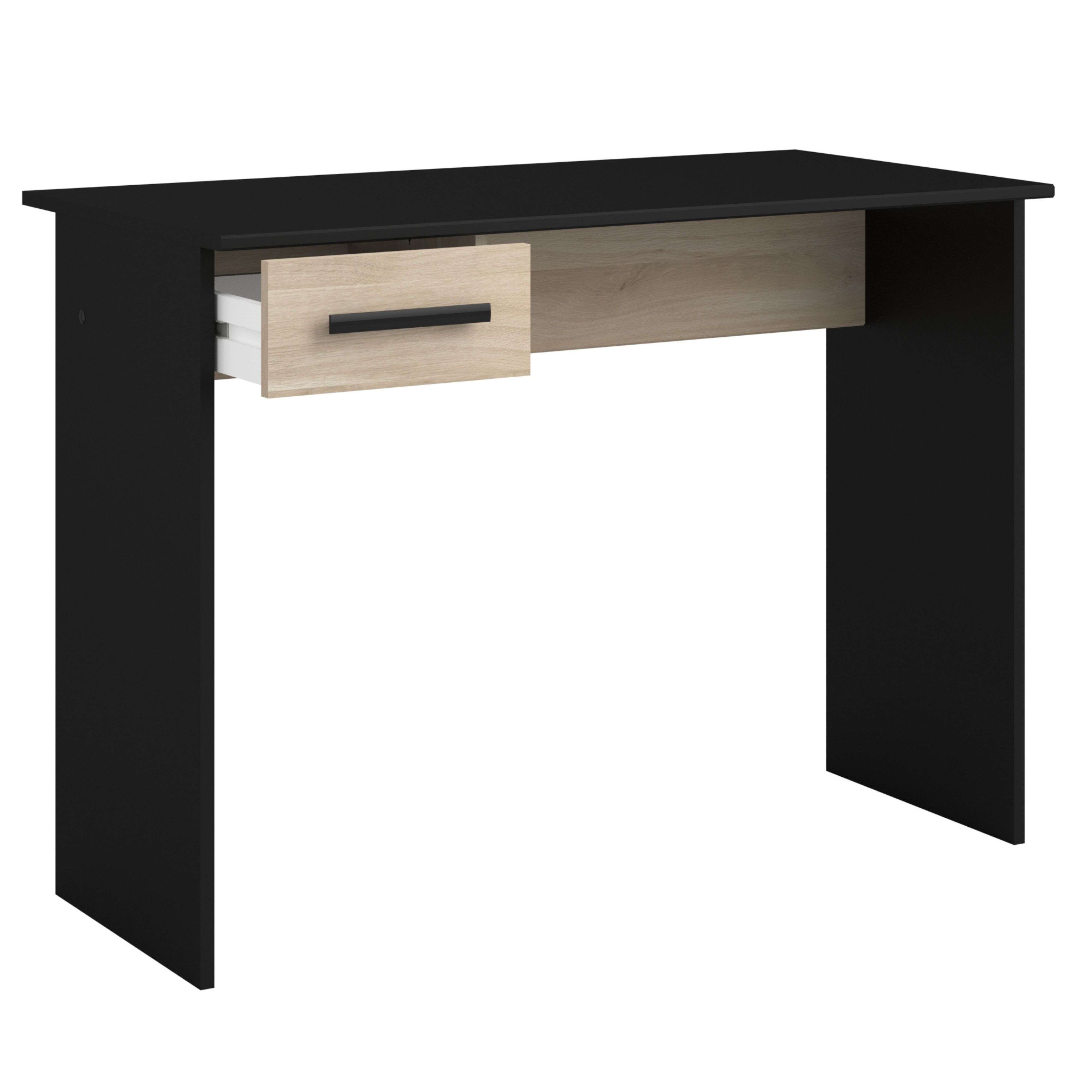 Escritorio negro con cajón abierto efecto madera y tirador negro.