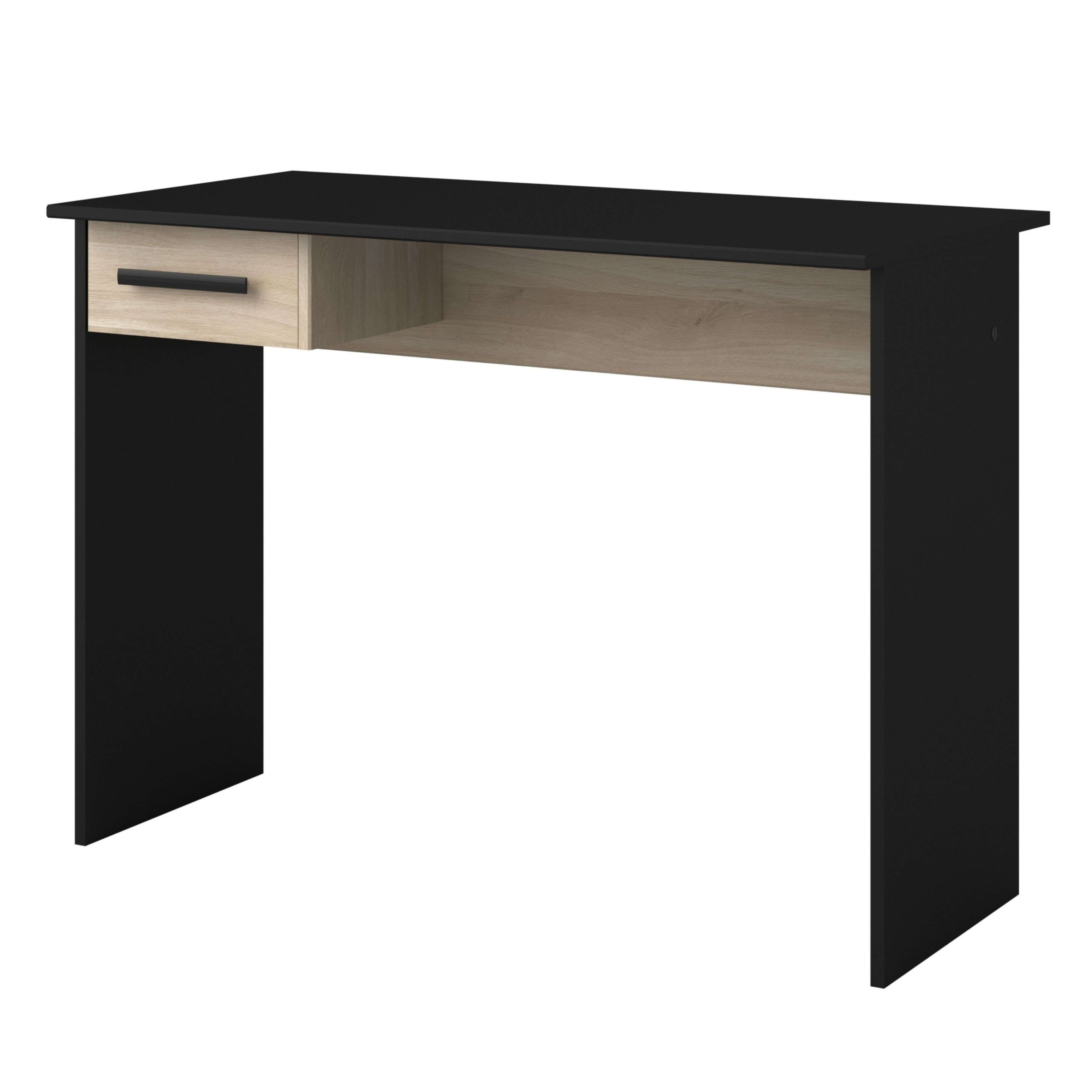 Un escritorio negro con un cajón y un estante abierto en acabado de madera clara.