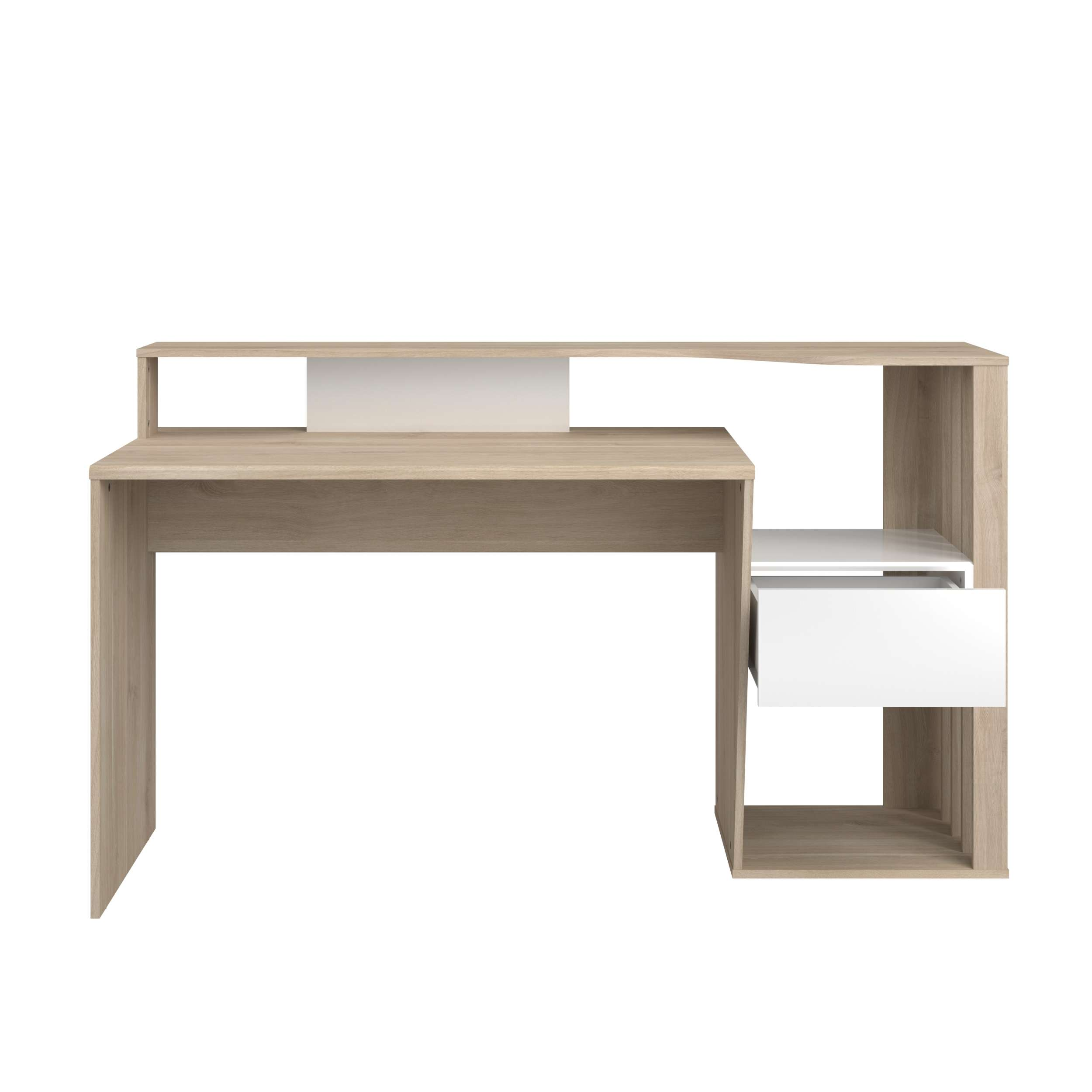 Un escritorio de madera clara con cajones y estantes blancos.