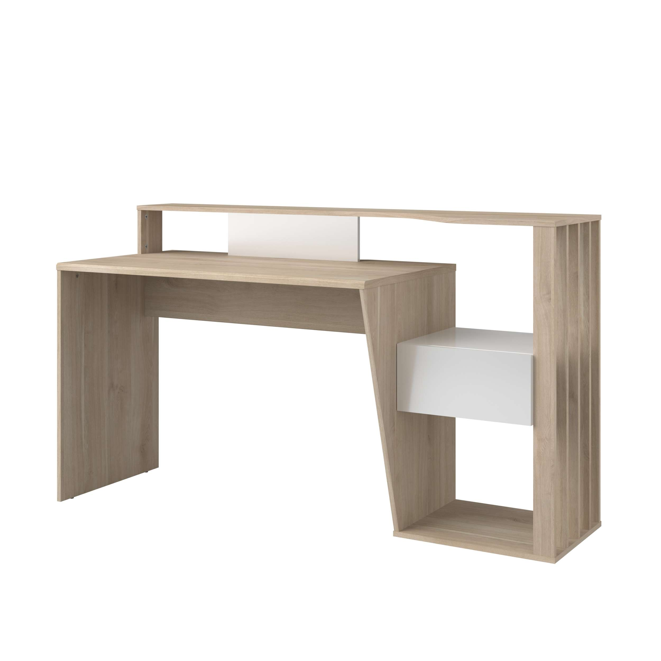 Un escritorio de madera clara con cajón y estante blancos, sobre fondo blanco.